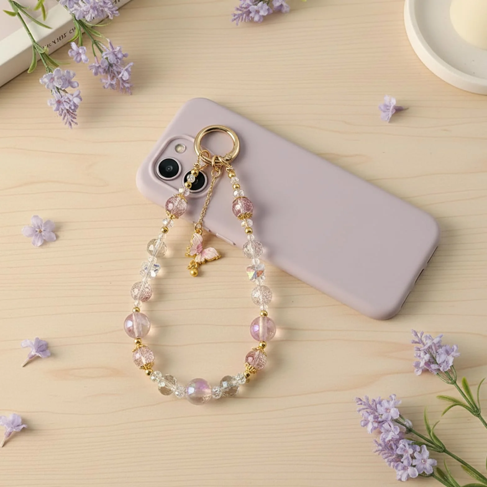 Łańcuszek na telefon komórkowy krótki motyl zawieszka do telefonu komórkowego z kartką zawieszka do telefonu komórkowego (fioletowy)