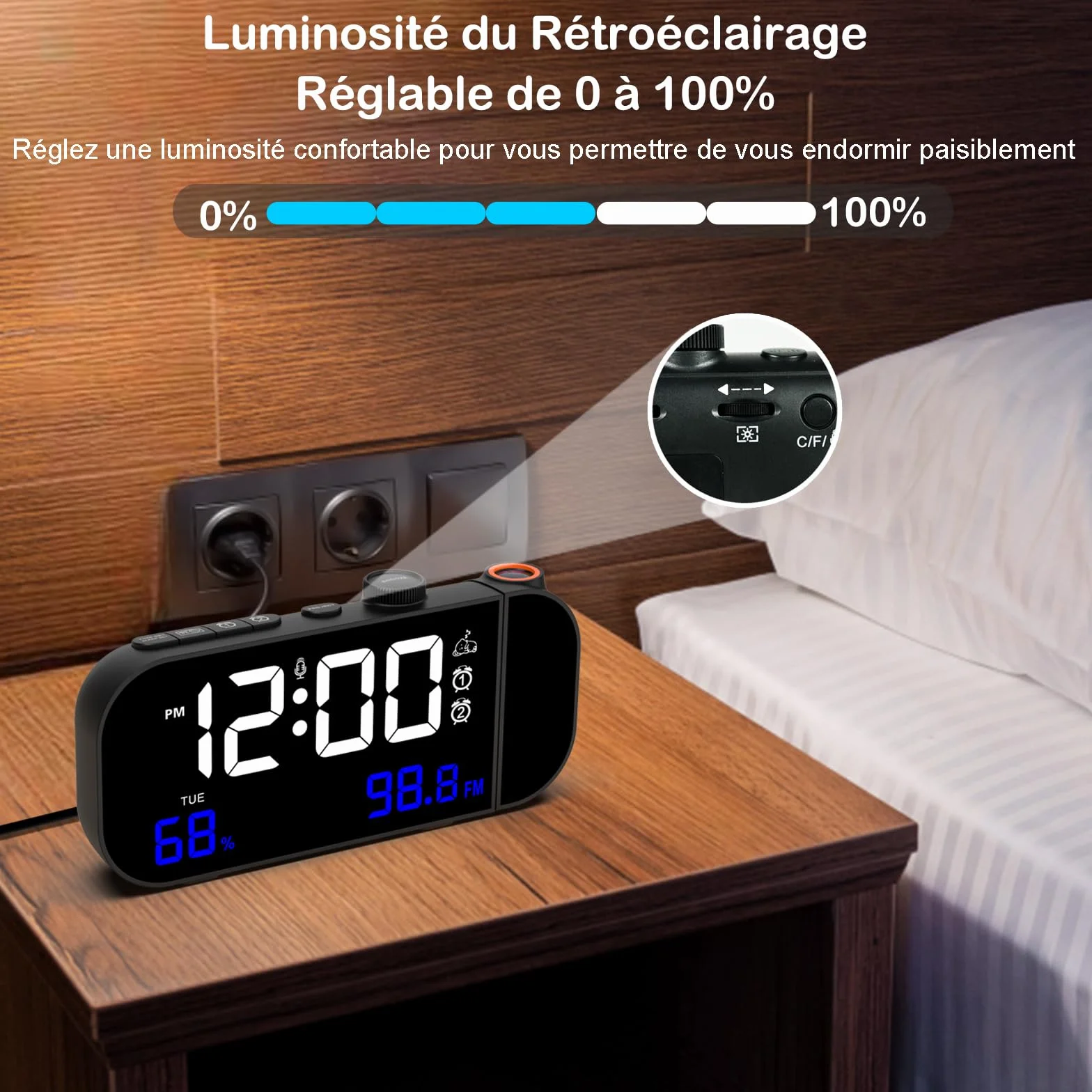 Radio Réveil Numérique avec Projecteur Plafond, Température et Humidité, Double Réveil Snooze, Charge USB - Blanc