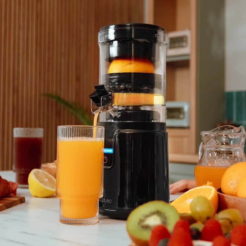 Cecotec Presse-Agrumes Électrique Essential TowerAdjust Easy Steel. Presse-Agrumes 140W, 0,35L sans BPA, Anti-Gouttes, démarrage Automatique, démontable, Lavable Lave-Vaisselle, Base antidérapante