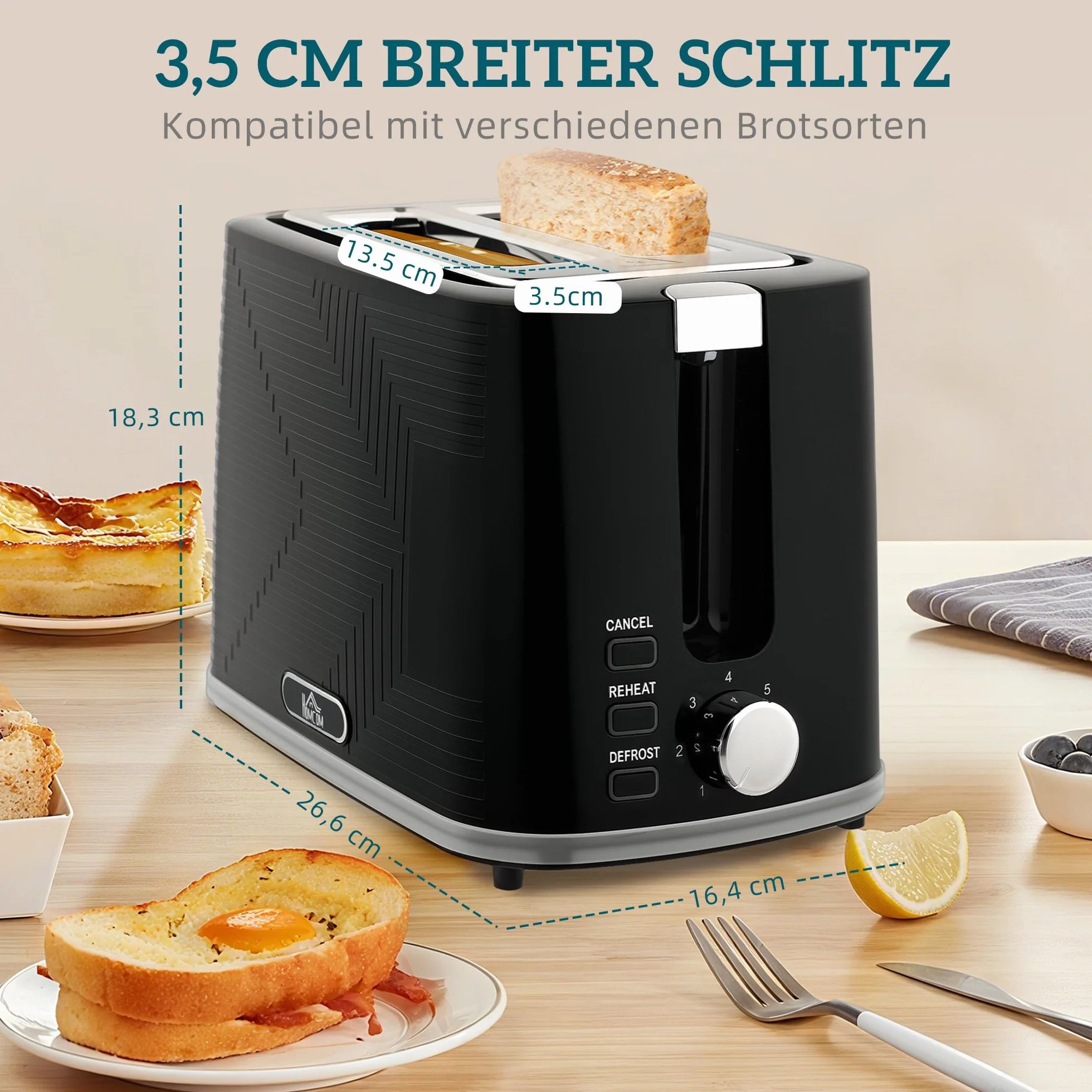 HOMCOM Bouilloire Toaster Set Acier inoxydable 1,7L Bouilloire 2 disques Toaster 2200W Set petit-déjeuner avec thermostat Otter, 7 niveaux de brunissage, décongélation, réchauffage, compartiment à