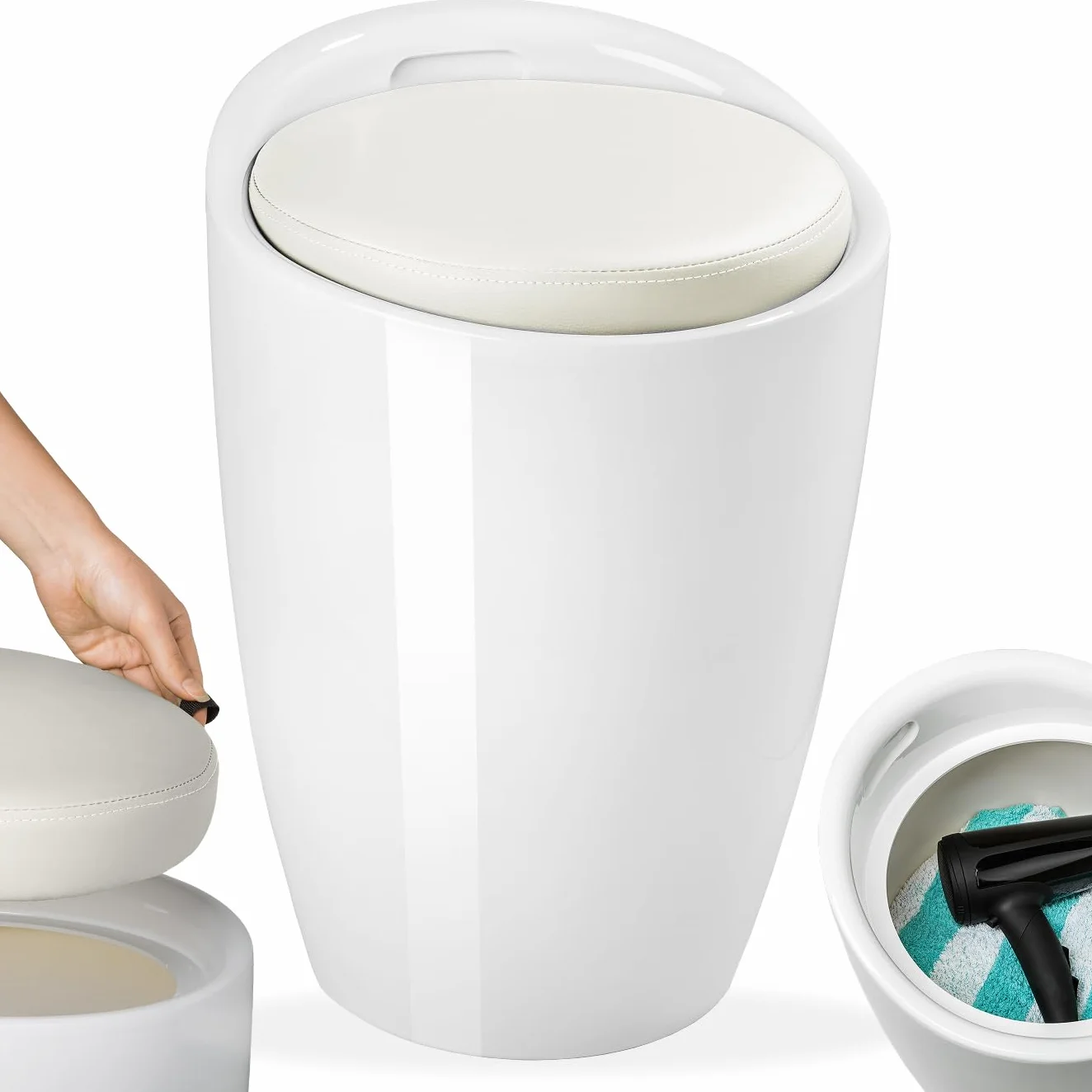 tectake® Tabouret Salle de Bain Panier à Linge 2en1, Ø 36 x 51 cm, Capacité 18 L, Coussin d'assise 5 cm Amovible, Meuble Salle de Bain Coffre Rangement Tabouret Coffre Rangement Bac a Linge, Blanc