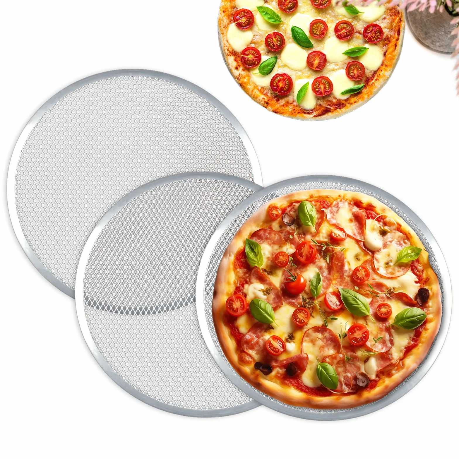 STARVAST Lot de 3 Grille à Pizza 33 CM, Plaque à Pizza en Aluminium, Plat Pizza Rond pour Pizza, Grille de Barbecue