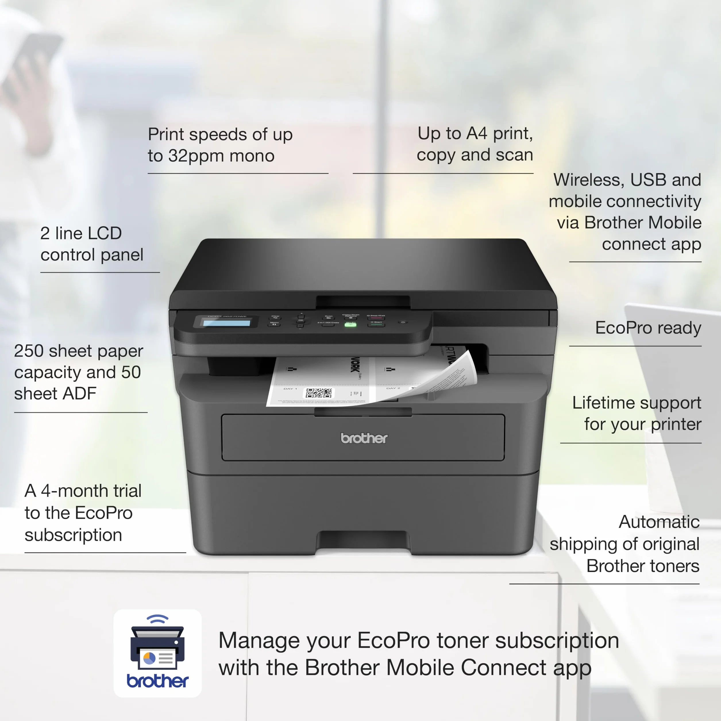 Brother DCP-L2627DWE imprimante multifonction 3 en 1 laser monochrome Wifi A4 + toner TN2510