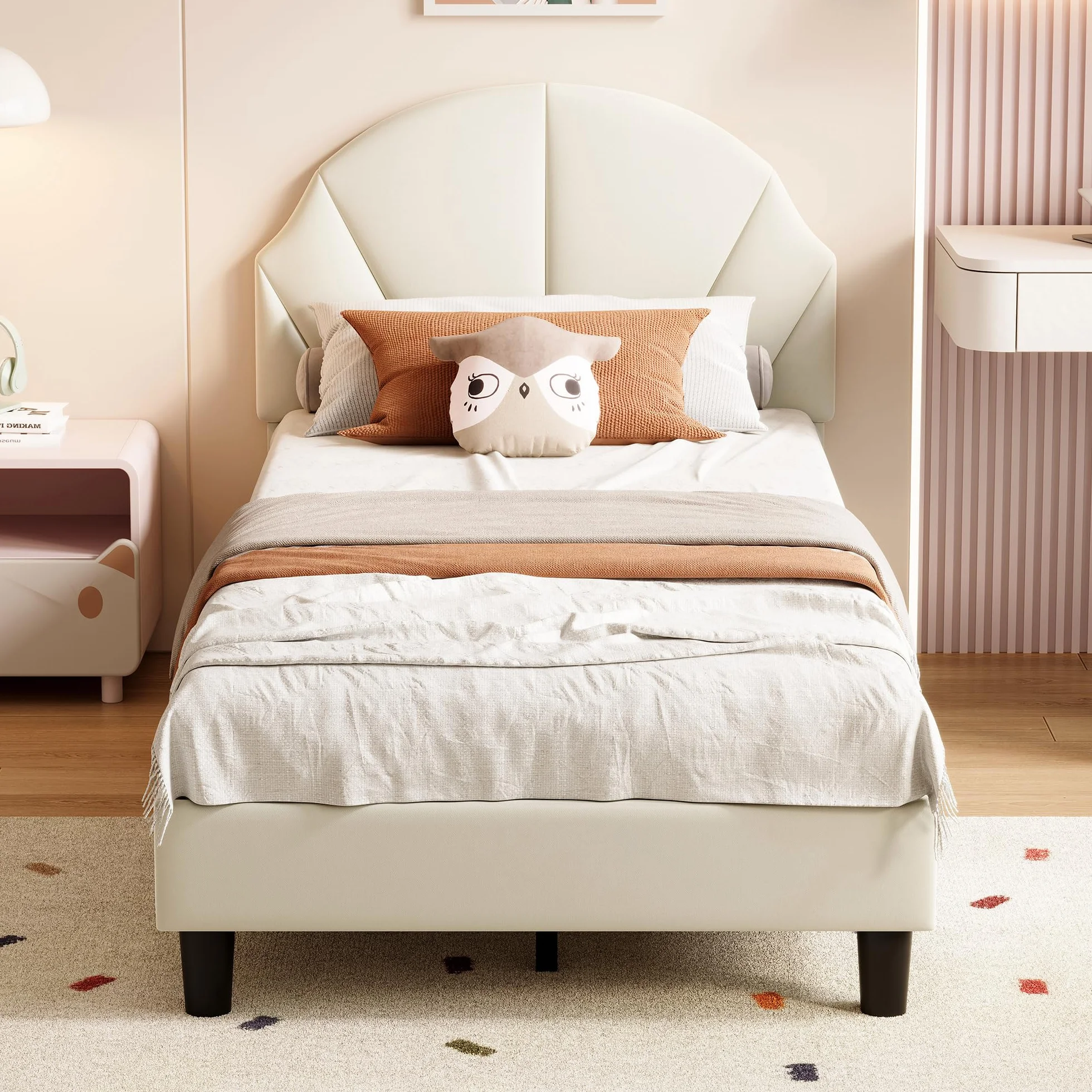Générique Lit Fille 90x200 cm avec Sommier à Lattes,Tête de lit Réglable en Hauteur,en Forme de Coquillage,Lit Simple Enfant Fille en Velours,Beige(Beige, 90_x_200_cm)