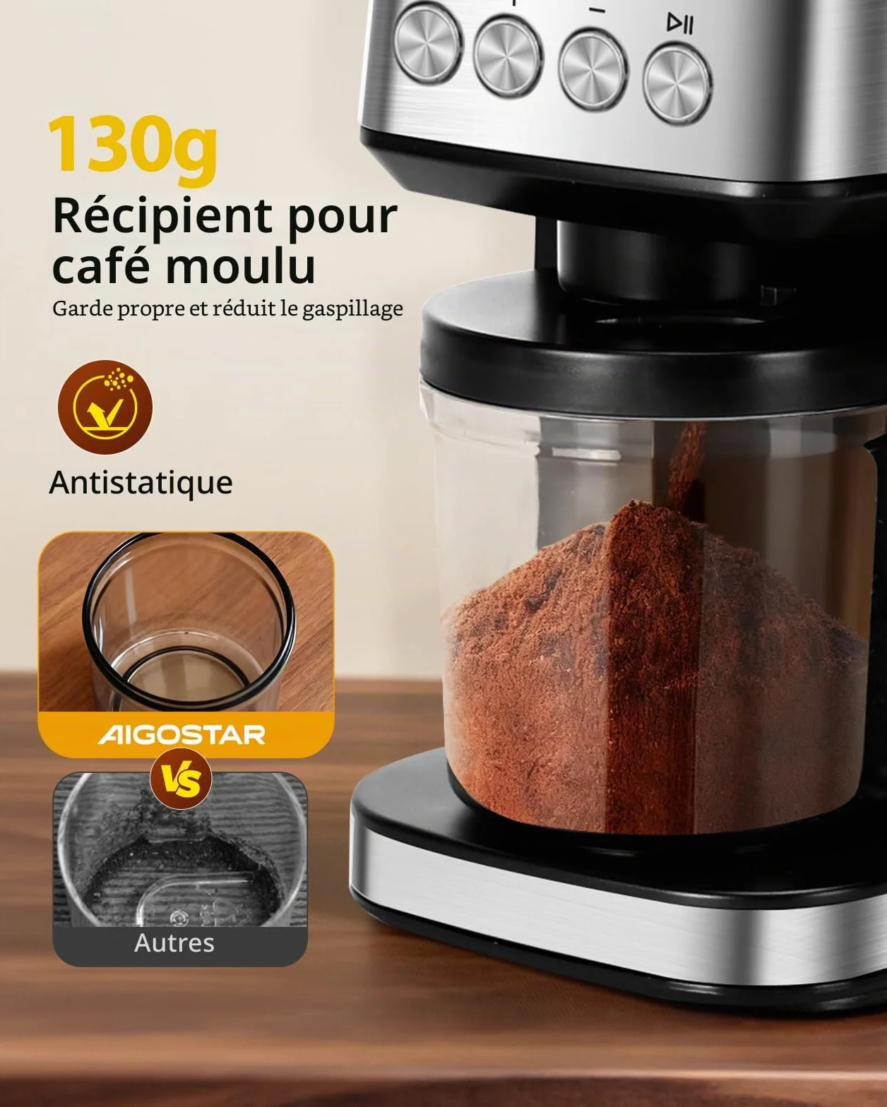 Aigostar Moulin à Café Electrique Conique, 52 Réglages de Meulage, Coffee Grinder Electrique Pour Expresso, Broyeur Cafe Grain Professionnelle Avec Affichage Numérique Précis, Acier Inoxydable, Argent