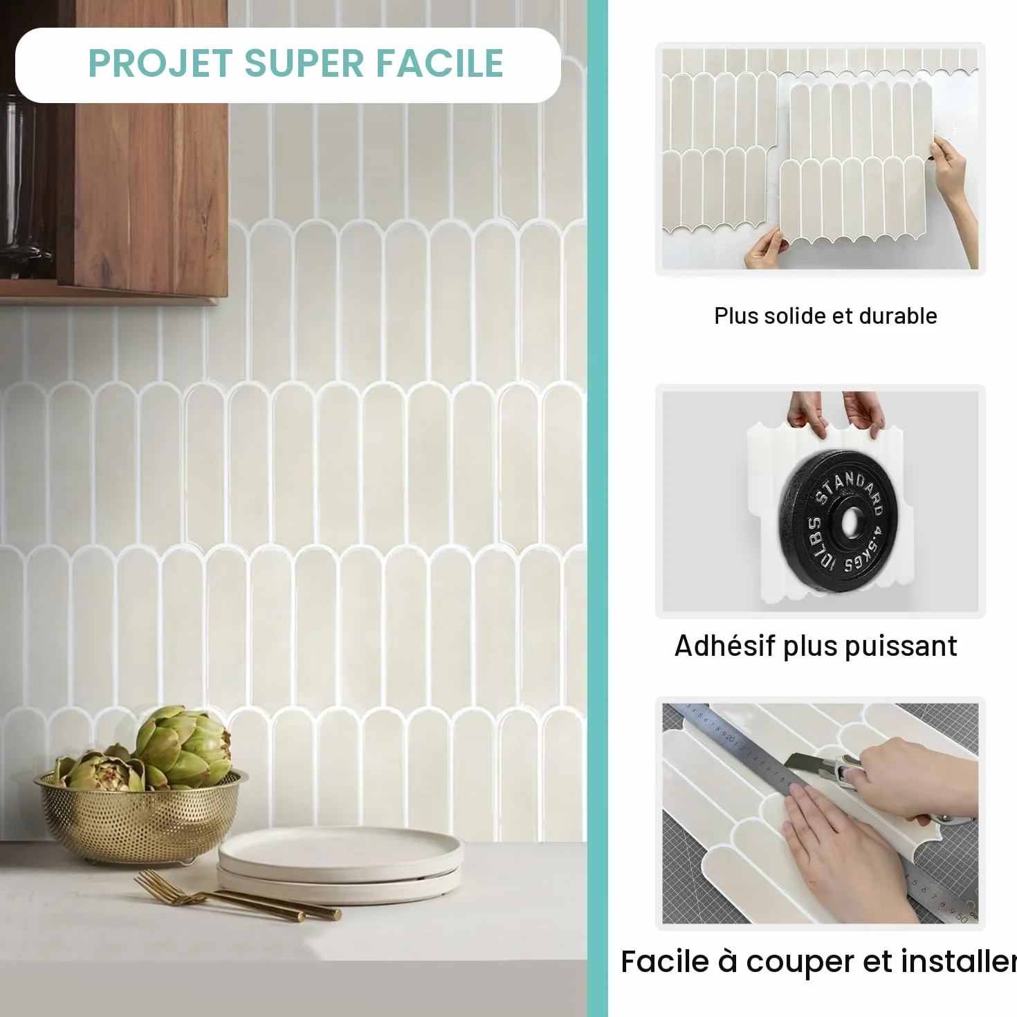 Commomy Plus épais Credence Adhesive Cuisine Vinyle Carrelage Adhesif Mural Salle de Bain Metro 3D Imperméable Toledo Cream FishScale 10 Pièces 30,5 x 30,5 cm