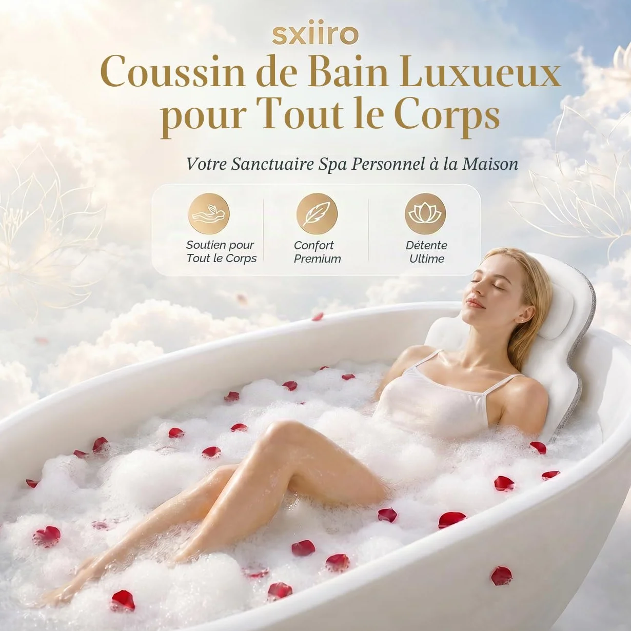 Coussin de bain Sxiiro, luxueux coussin de bain avec 192 ventouses, pour le soutien de la tête et du cou, blanc, 129,5 x 40,6 cm