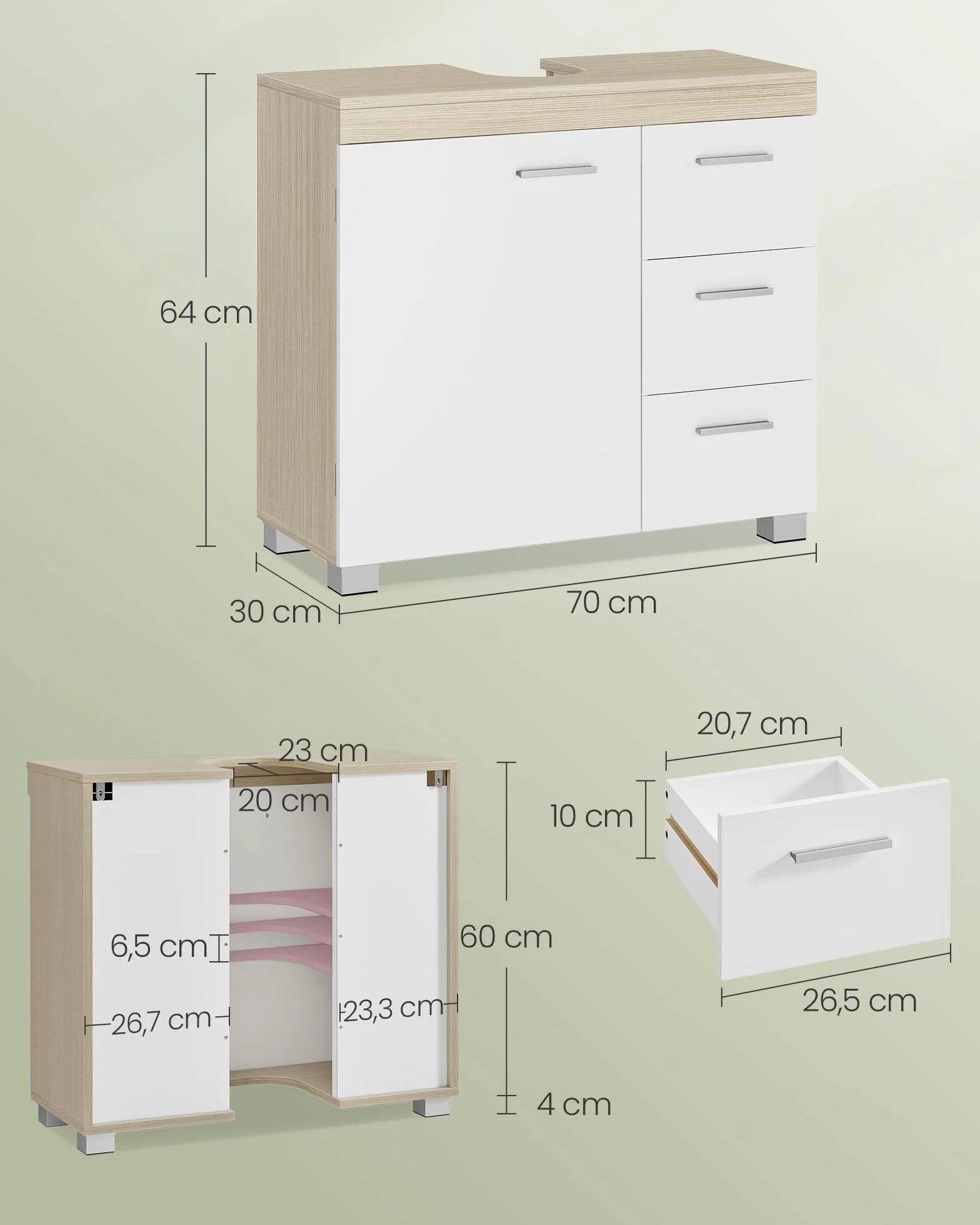 VASAGLE Meuble sous lavabo, Meuble de Salle de Bain, 3 Tiroirs Latéraux, 2 Cases derrière la Porte, pour Lavabos sur Colonne, avec Pieds, 30 x 70 x 64 cm, Blanc Nuage et Beige Naturel BBK504K01
