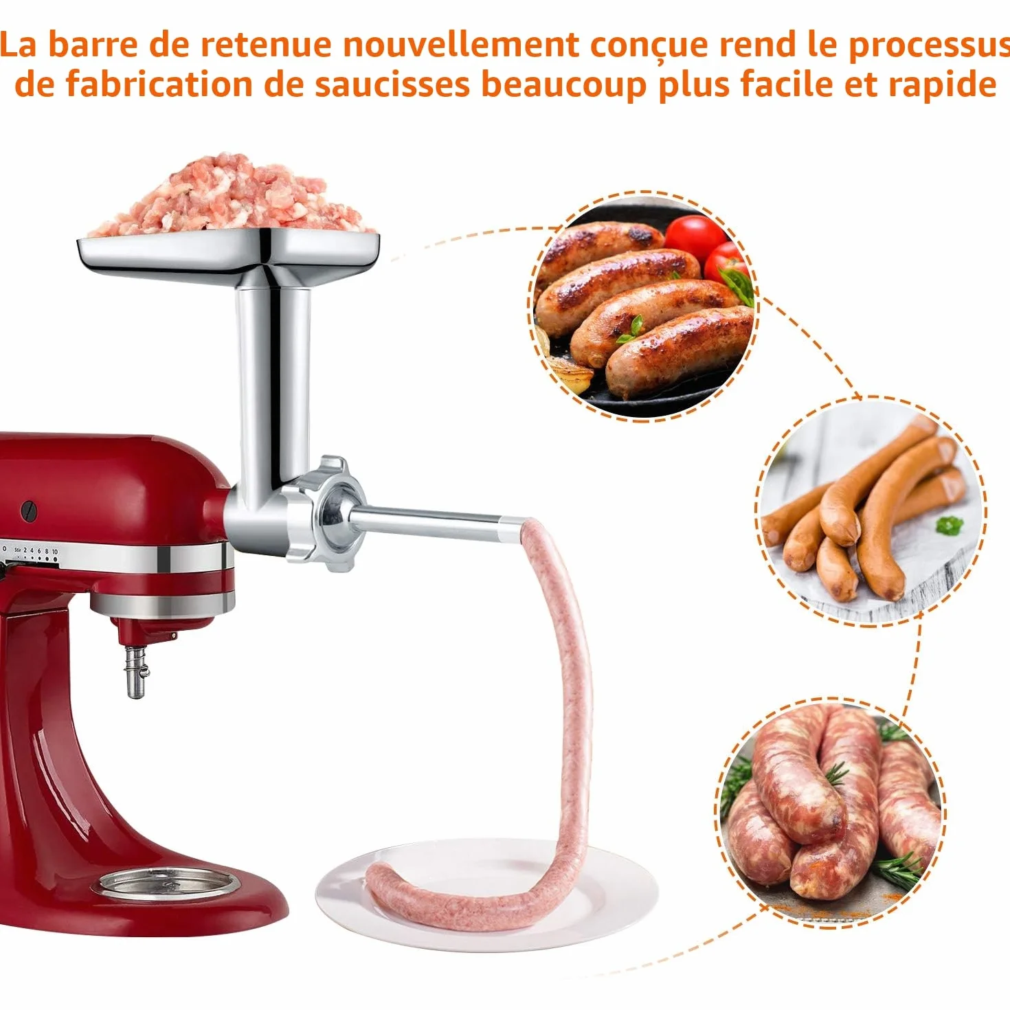 Hachoir à viande en métal avec poussoir et 3 tubes à farcir pour saucisses, extension durable compatible avec tous les modèles KitchenAid