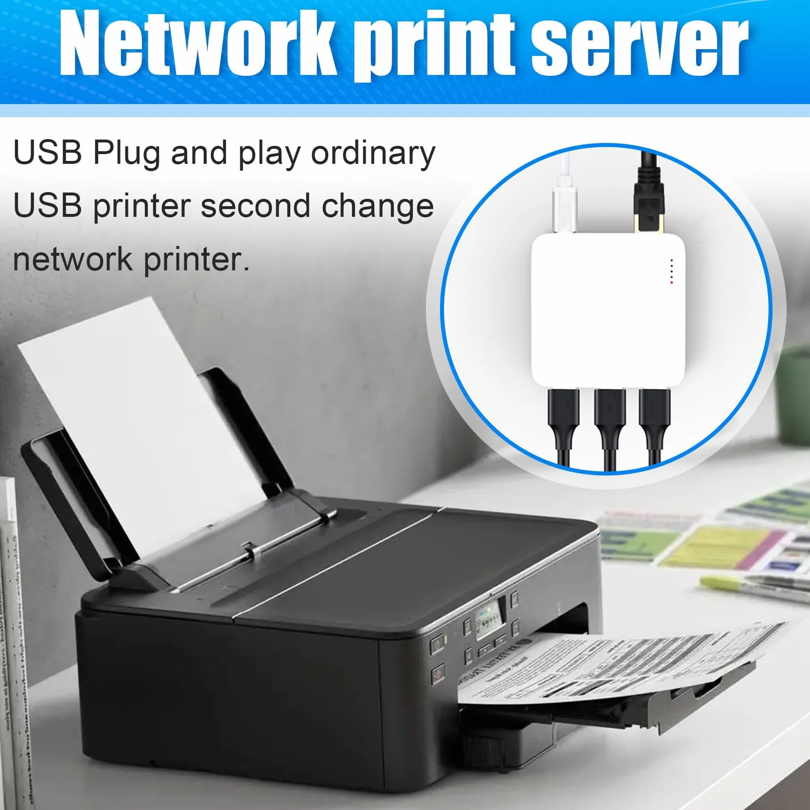 Breeshy Serveur d'impression filaire 3 ports USB réseau 100 M WiFi BT4.0 Prise UE