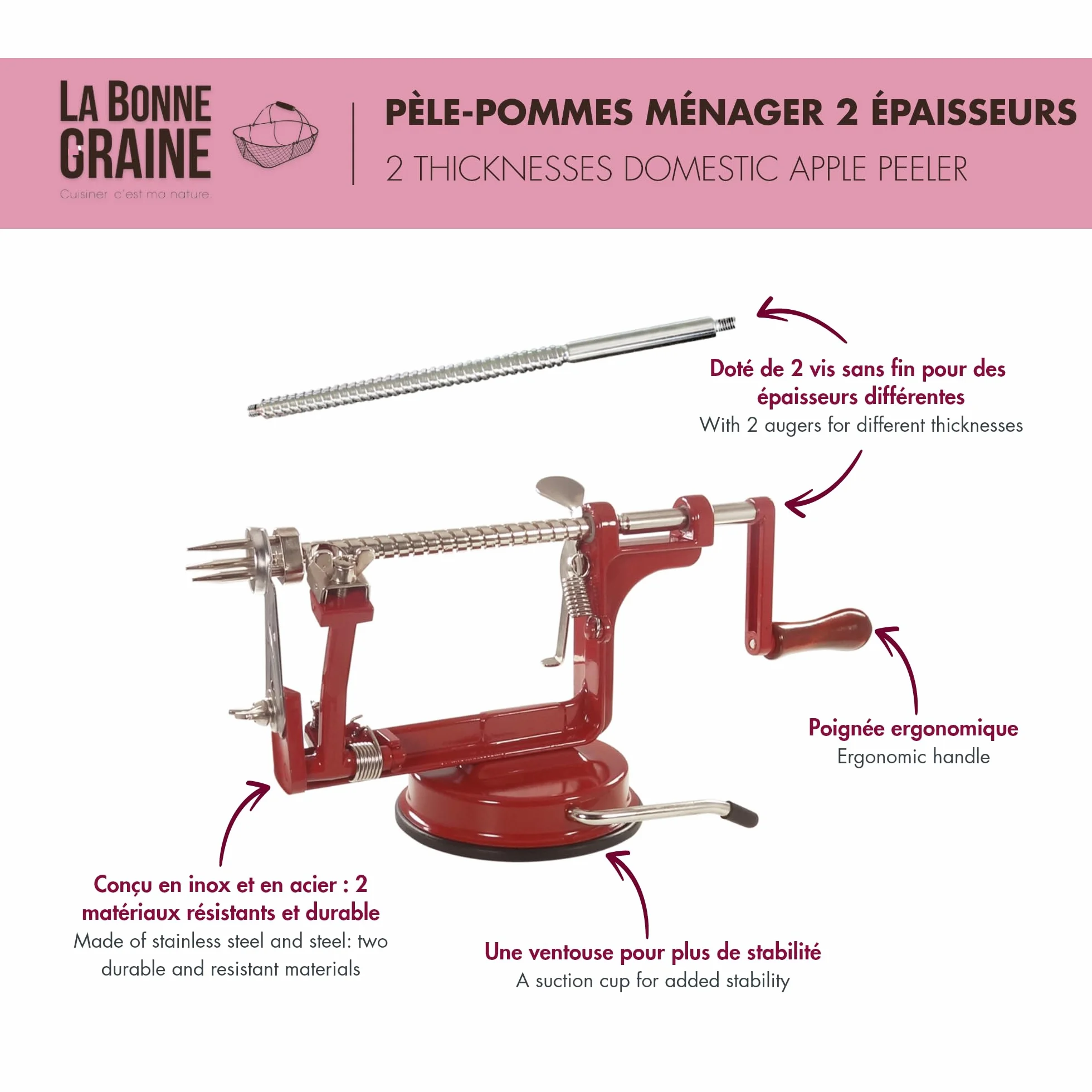 LA BONNE GRAINE - Pèle-Pomme Ventouse - 2 vis sans fin Incluses - Qualité Supérieure - Marque Française