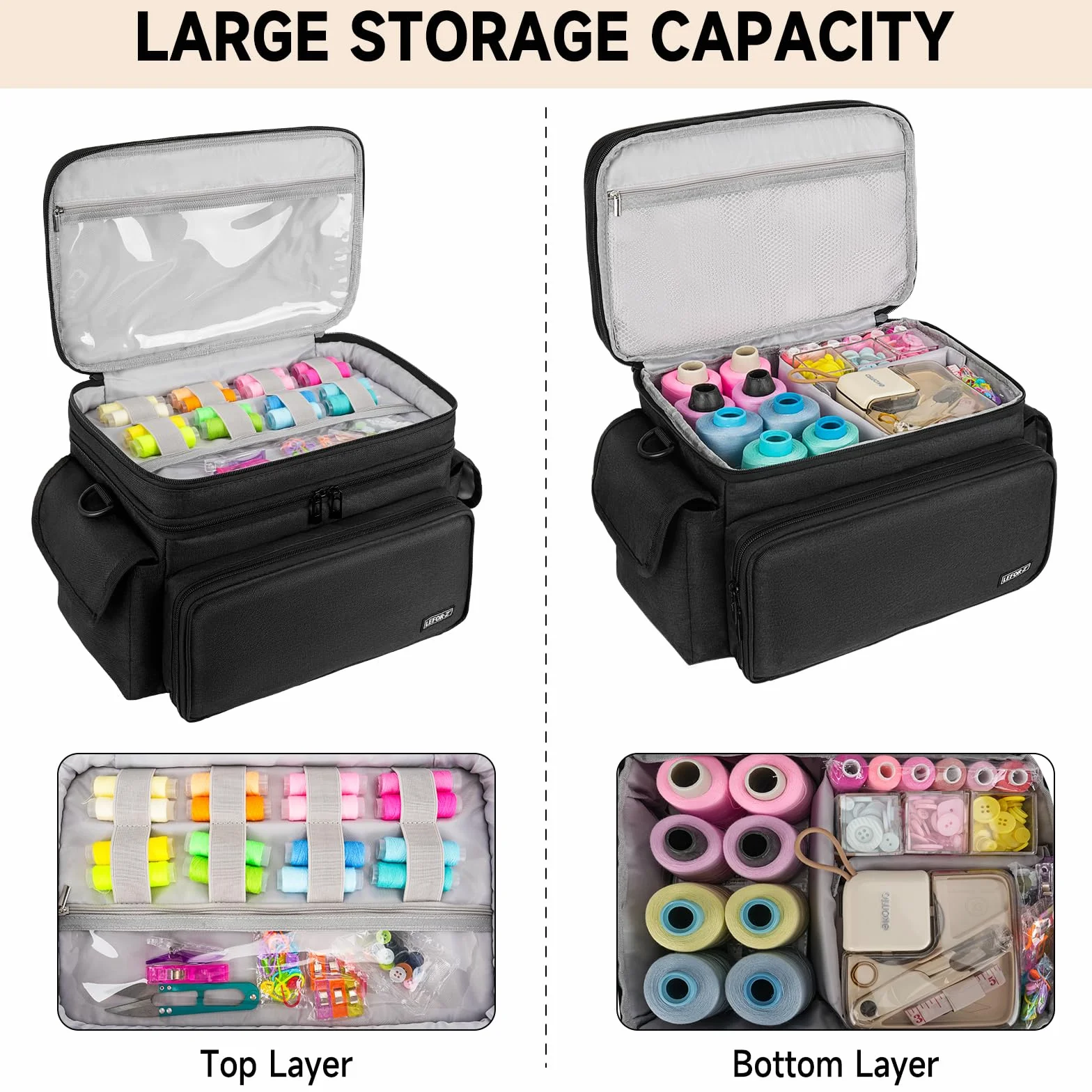 Boite à Couture,Sac de Rangement Couture Double Couche,XL Organisateur de Fournitures de Couture,Boîte à Couture de Voyage Portable,Panier de Couture pour Outils de Couture,Noir (Sac Uniquement)