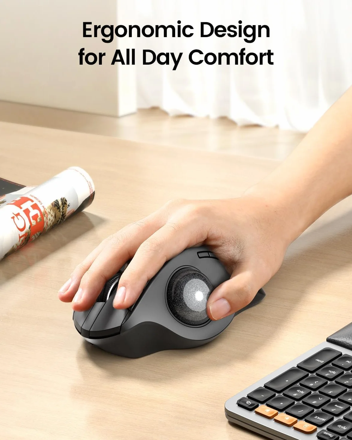 ProtoArc EM01 NL Bezprzewodowa mysz Trackball, ergonomiczna mysz kulkowa Bluetooth, kciuk, ładowalna, komputer, laptop, regulowany kąt i 3 przyłącza urządzeń, do PC, Mac, Windows, szara kulka 25