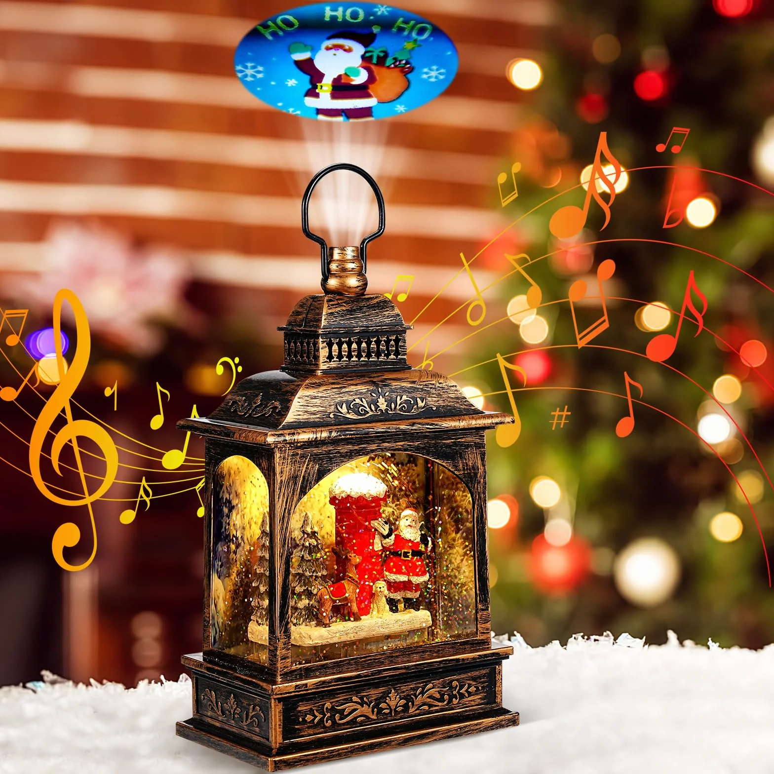 Lanterne Noel Lanterne Boule à Neige Musicale LED de Noël, Lampe de Noel Lumineux Père Noël et Flocon de Neige avec 8 Songs pour Décoration Noel Intérieure Prise USB ou Alimenté par Pile