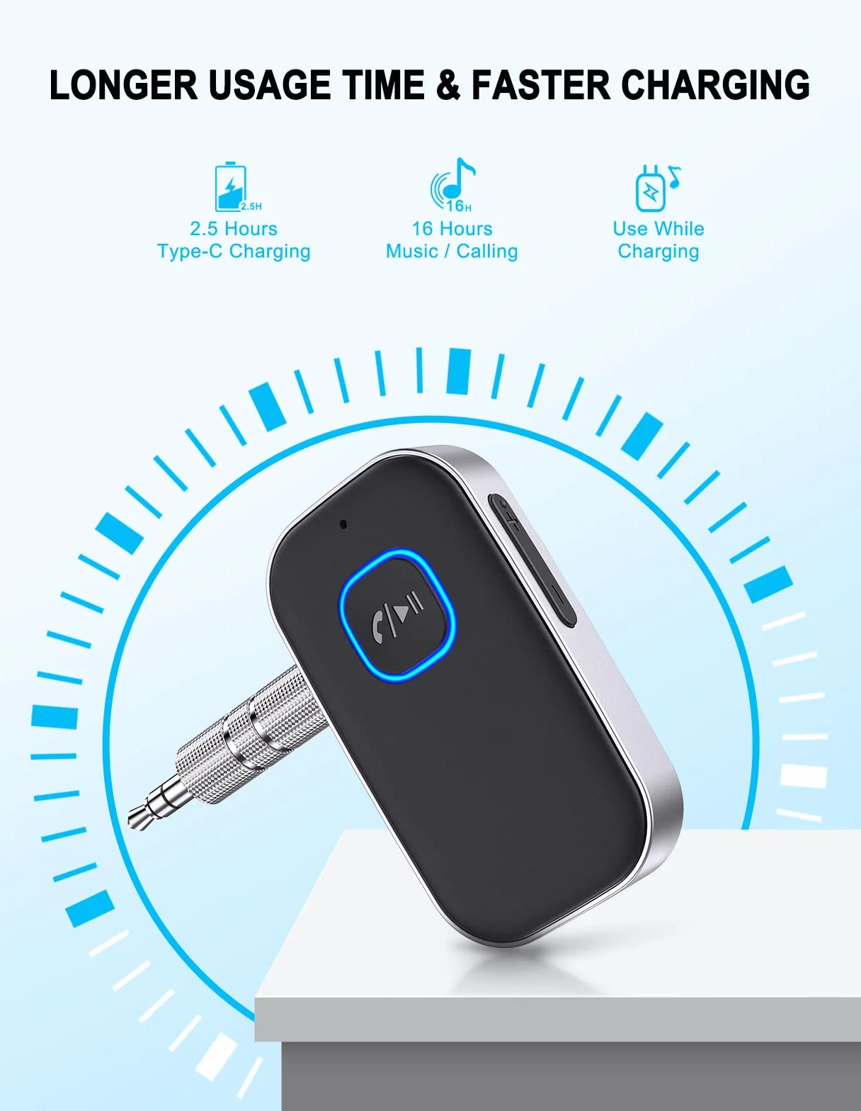 Glangeh [2022 ulepszony] Odbiornik Bluetooth, adapter samochodowy Bluetooth z redukcją szumów, 16-godzinny odbiornik Bluetooth Aux w trybie gotowości do radia samochodowego HiFi/radia samochodowego