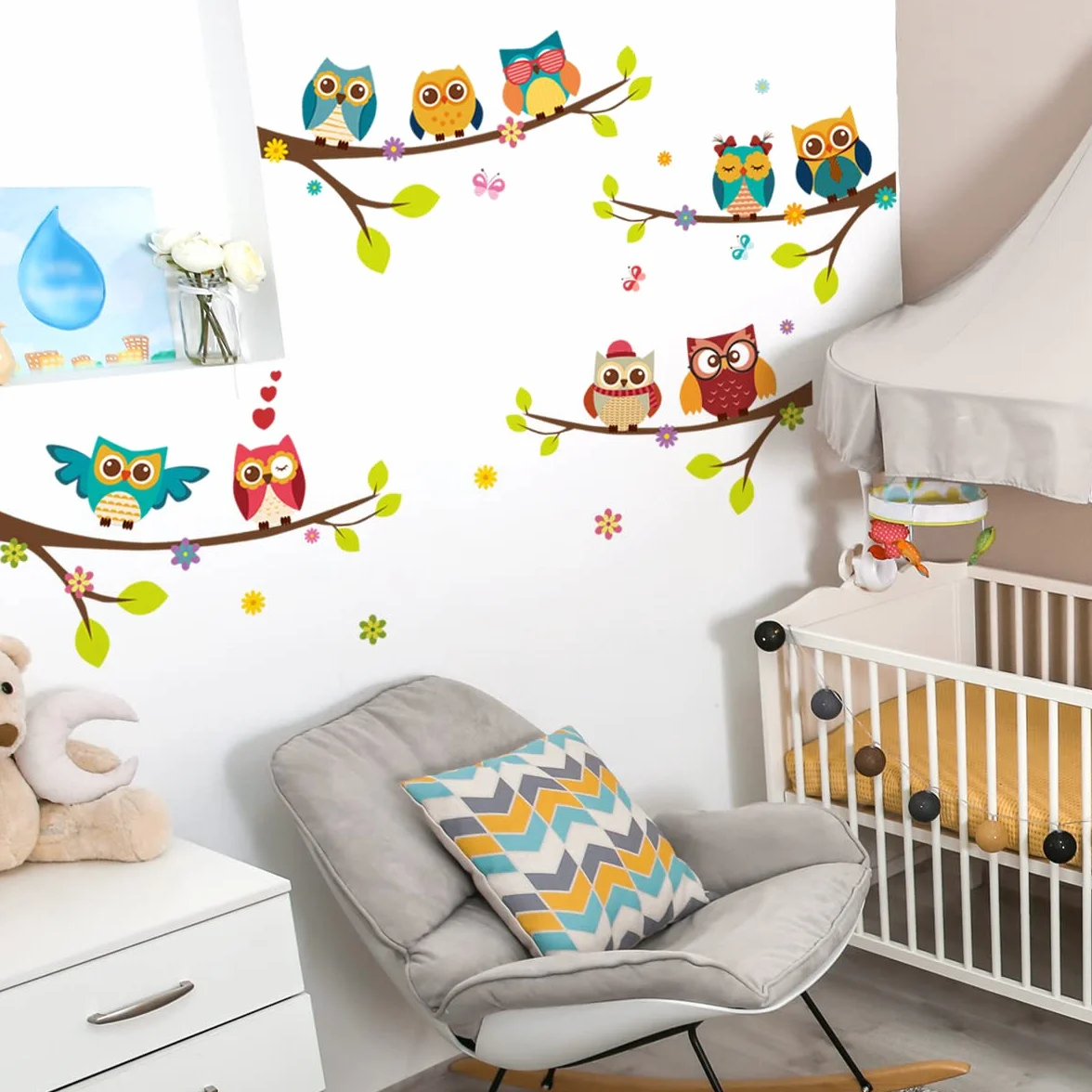 Stickers muraux enfants animaux de la forêt CHOUETTES mignonnes sur BRANCHES 120x100 cm Autocollant mural chambre bébé