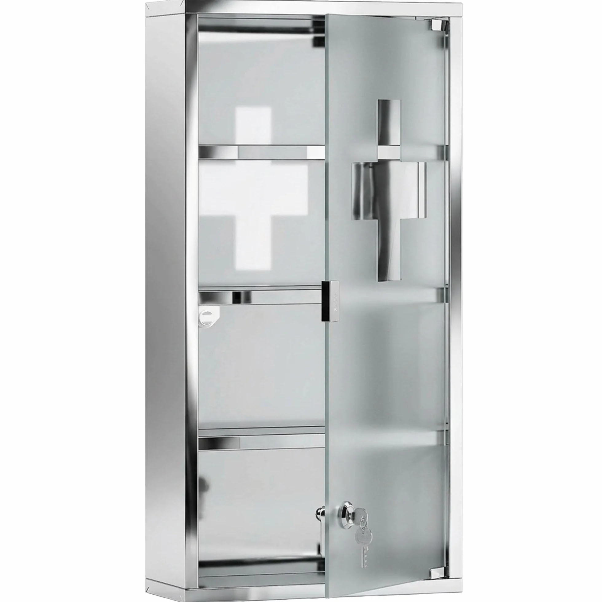 HOMCOM Armoire à Pharmacie 3 étagères 4 Niveaux 30L x 12l x 60H cm Porte Verre trempé Symbole Croix Acier Inoxydable brossé