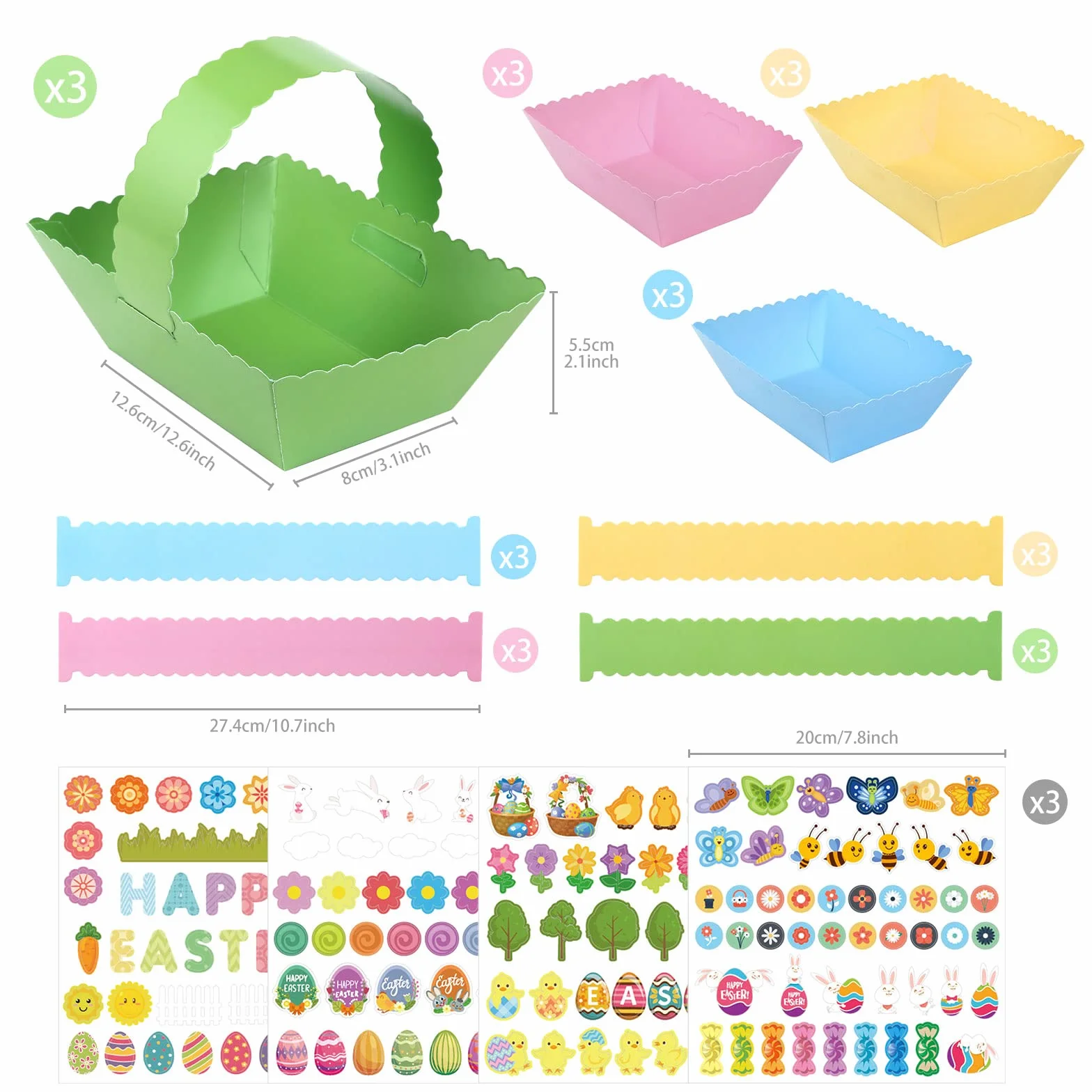 LIHAO 12 Paniers de Pâques en Papier à Assembler avec Autocollant, Kit Chasse aux Oeufs pour Enfant