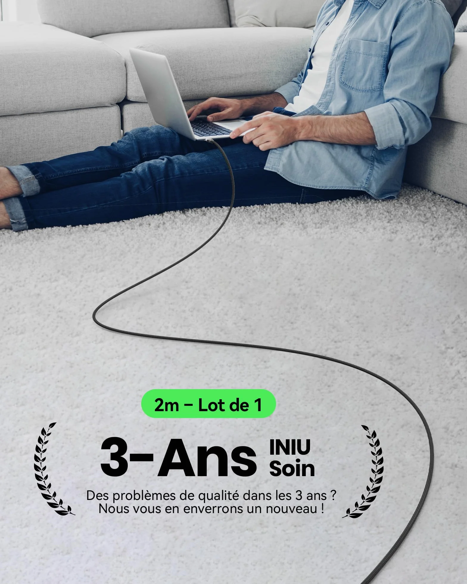 INIU Câble USB C 2m 100W 5A Charge Rapide PD 3.0 QC 4.0 Nylon Tressé pour iPhone Samsung Galaxy iPad MacBook