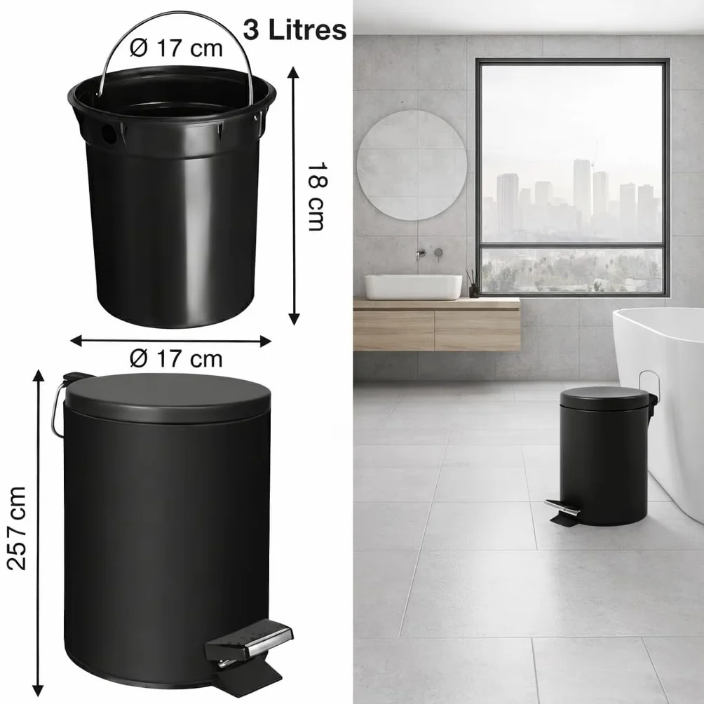 Poubelle Cosmétique Salle de Bain Acier Inoxydable 3L Noir Mat - Poubelle à Pédale Compacte