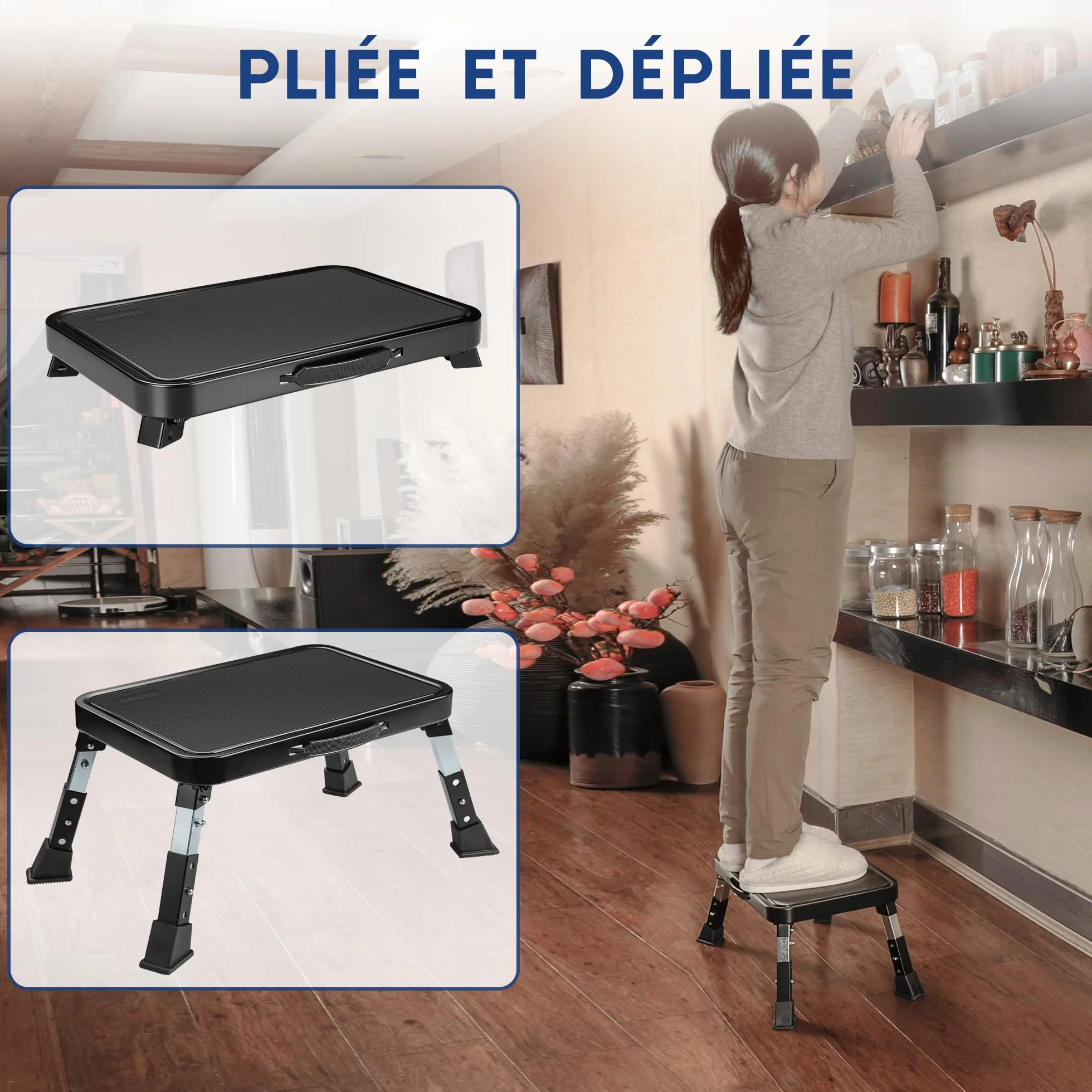 BONTEC Marchepied Pliable à 3 Marches, Capacité 150 kg, Marches Antidérapantes, Pieds en Caoutchouc, Tabouret Pliant Portable, Idéal pour Cuisine, Salle de Bain, Camping Car, Marche Pied Enfant