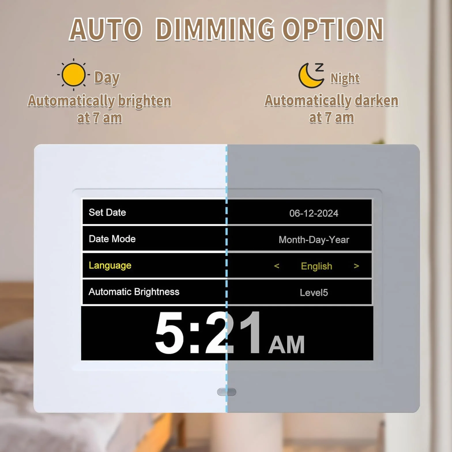 VHV 7 Pouces LCD Horloge Numérique Calendrier avec Date Jour Heure Auto Dimming 8 Langues HD Display Rappel Alzheimer Personnes Âgées Enfants Blanc