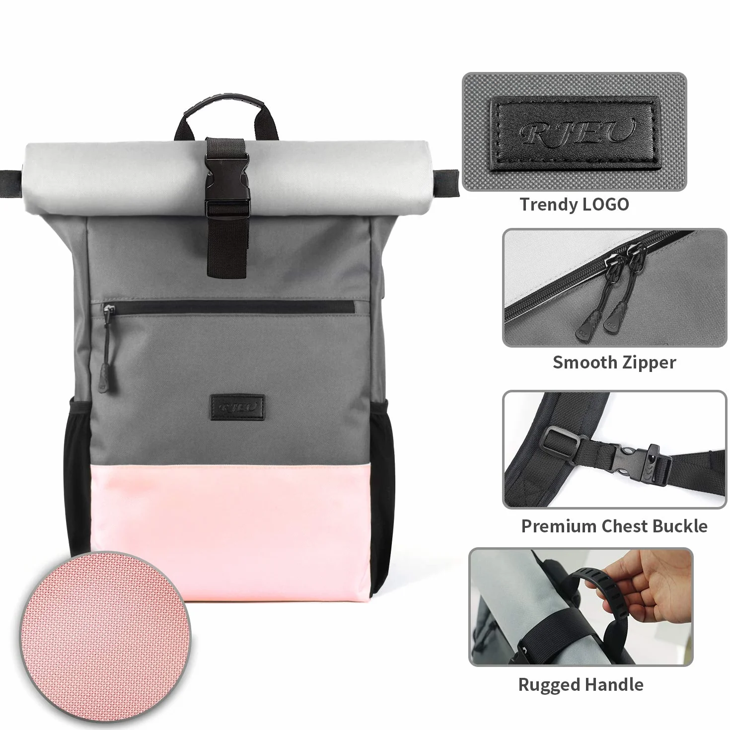 Plecak Rolltop Women, plecak na laptopa do laptopa 17,3 cala, plecak szkolny dla nastolatki z portem ładowania USB do pracy, uniwersytetu, szkoły, podróży, plecak sportowy (różowy szary-26L)