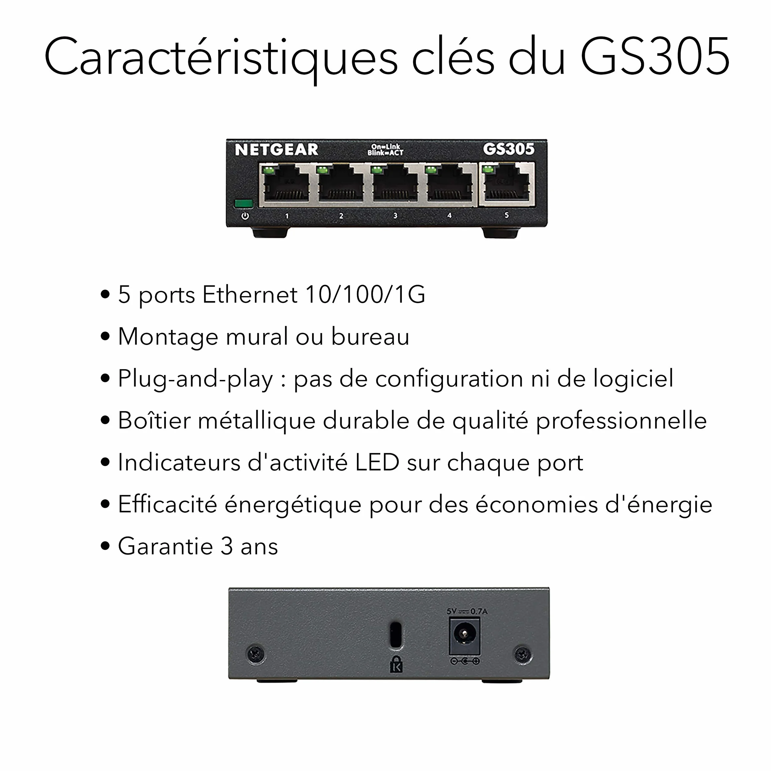NETGEAR GS305-300PES Switch Ethernet Métal 5 Ports Gigabit 10/100/1000