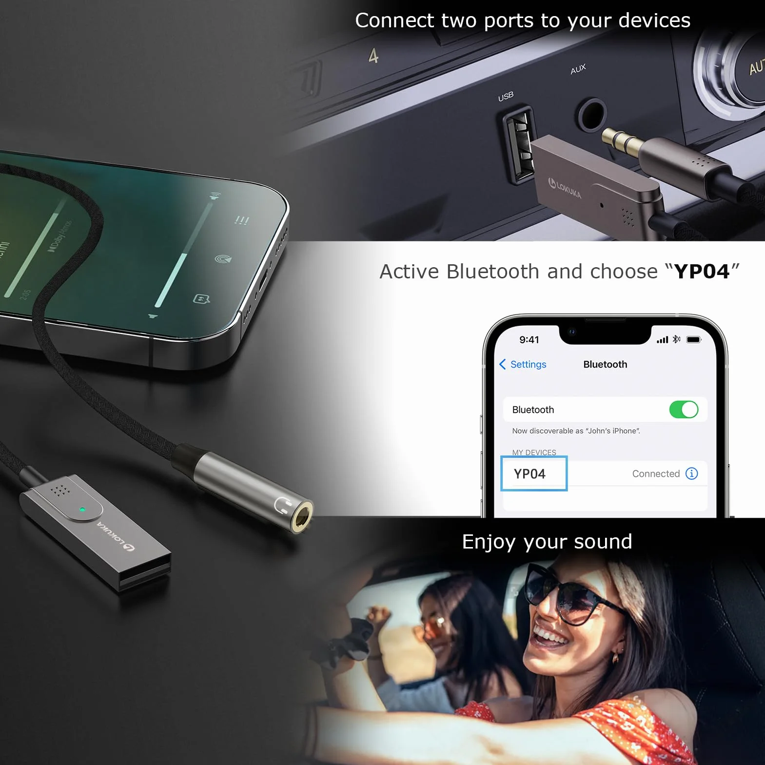 Adapter Bluetooth 5.3 do Aux do samochodu, USB do 3,5 mm żeński odbiornik Bluetooth, aby dodać Bluetooth do bezprzewodowych słuchawek, samochodów, głośników i wzmacniaczy do połączeń ręcznych,