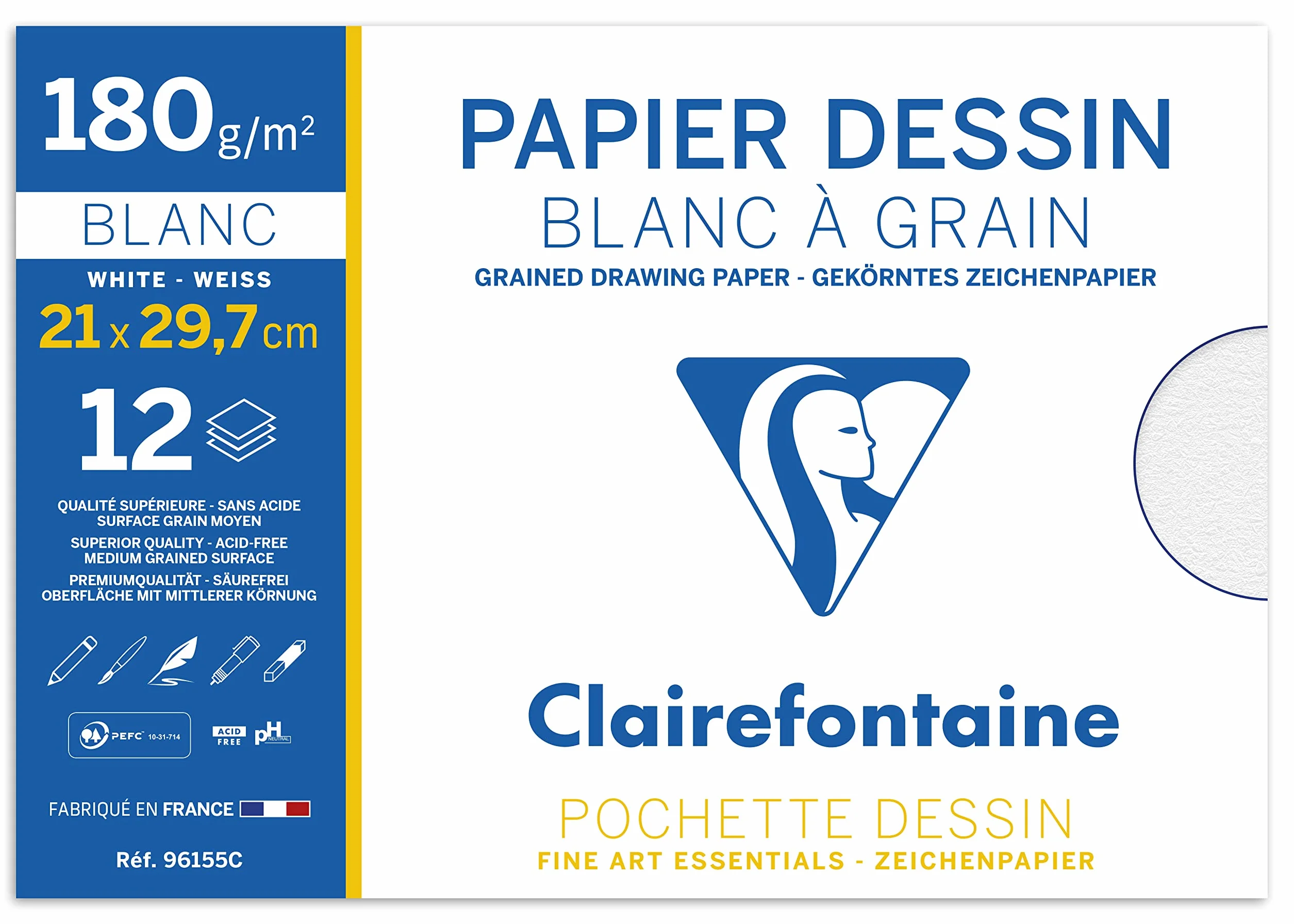 Clairefontaine Lot de 2 Pochette Dessin Scolaire 12 Feuilles Papier Dessin Blanc à Grain A4 21x29,7 cm 180g