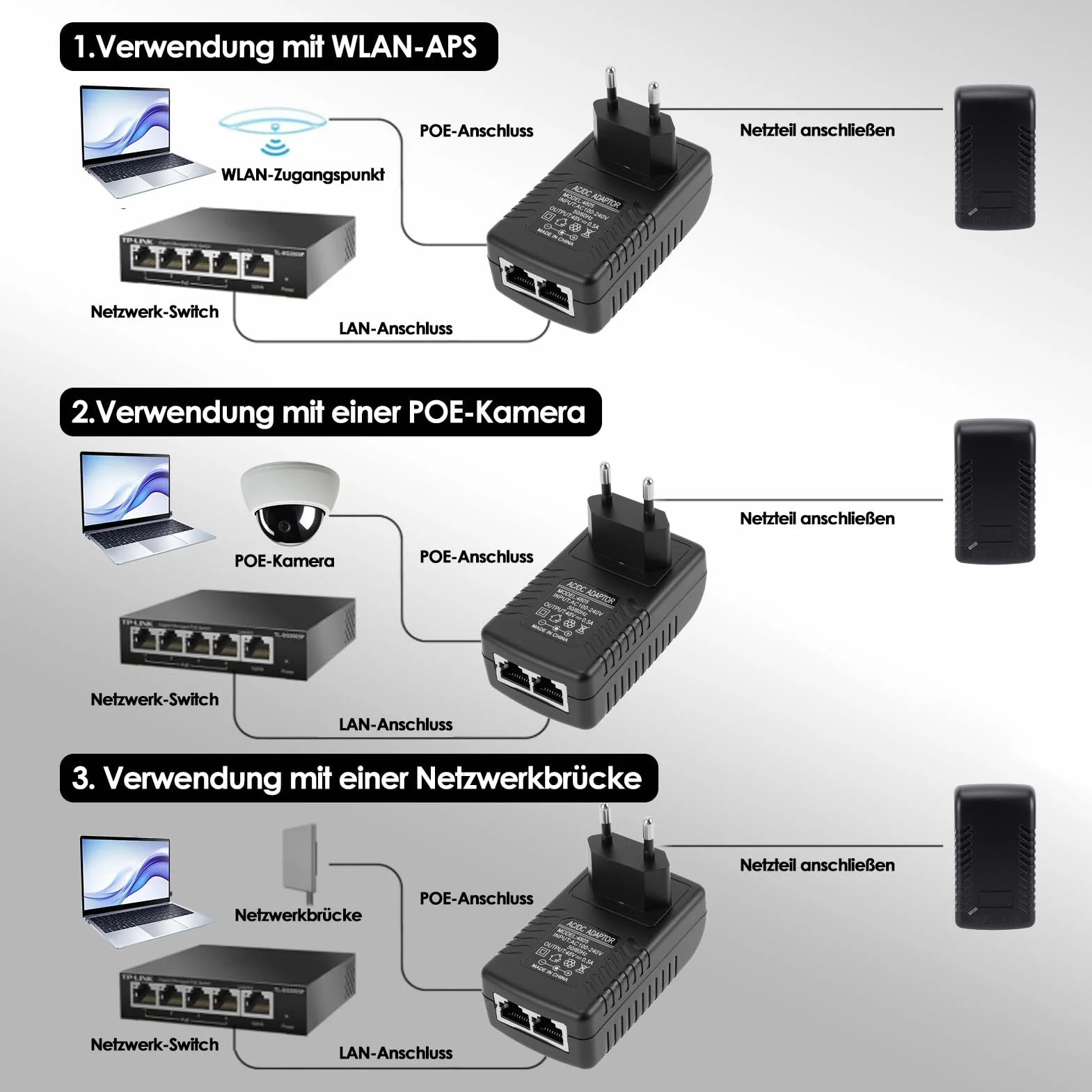 Sonew 48 V 0,5 A pasywny zasilacz POE Injector Ethernet adapter z wtyczką ścienną odpowiedni do telefonów Voip, aparatów, aplikacji i innych (EU)