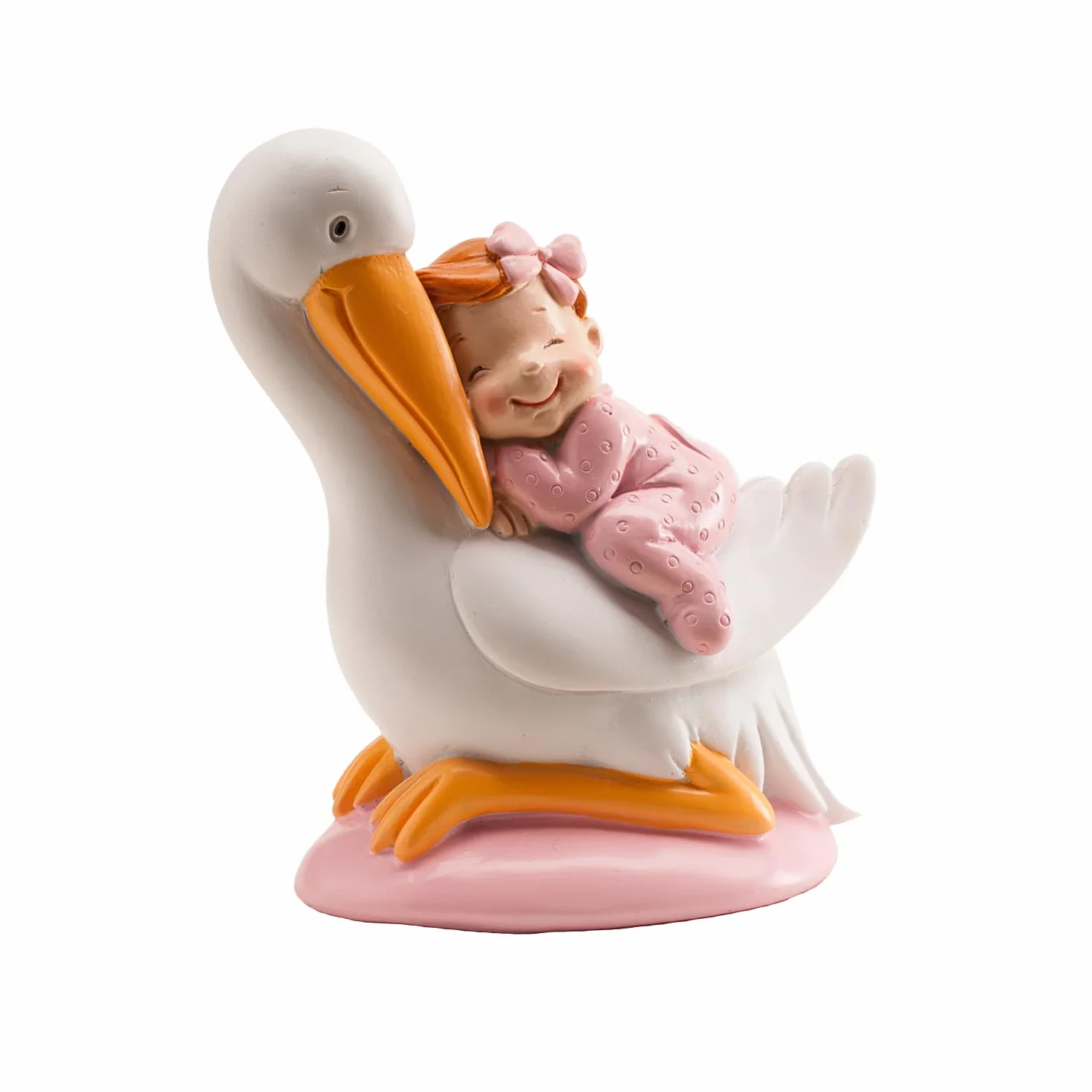 Cigogne avec Bébé Endormi Rose Décoration de Baptême Fille