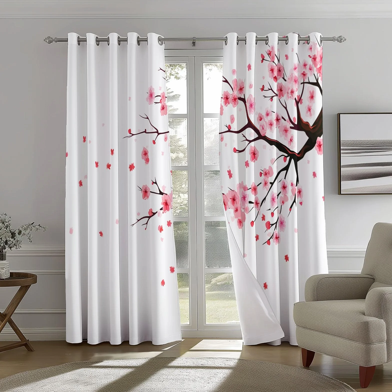 Rideaux Opaques 70L x 240H cm 2 Panneaux Design Fleurs de Cerisier Isolante Anti-Chaleur Blanc Rose