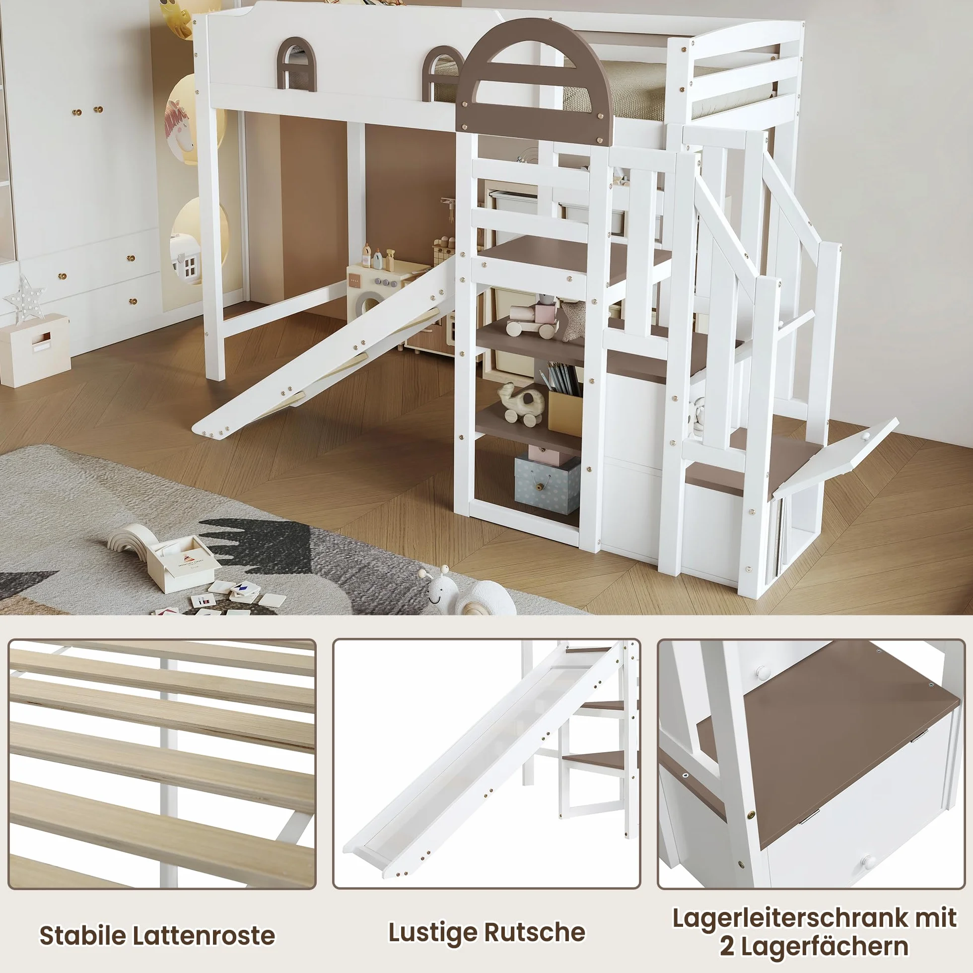 Zepneiy Lit Enfant 90x200 avec Toboggan et Rampe, Lit Superposé Enfant avec 2 casiers dans l'escalier et fenêtre, Pin et MDF Blanc (sans Matelas)