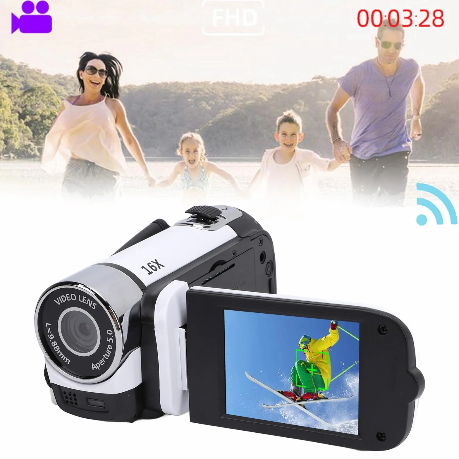 Kamera Wideo z 16 Zoomem Cyfrowym, Ekranem 2,4 Cala i Rozdzielczością 1080P. Rejestrator Wideo o Rozdzielczości 16MP ze światłem Wypełniającym, obsługą Selfie i Mikrofonu (WHITE)