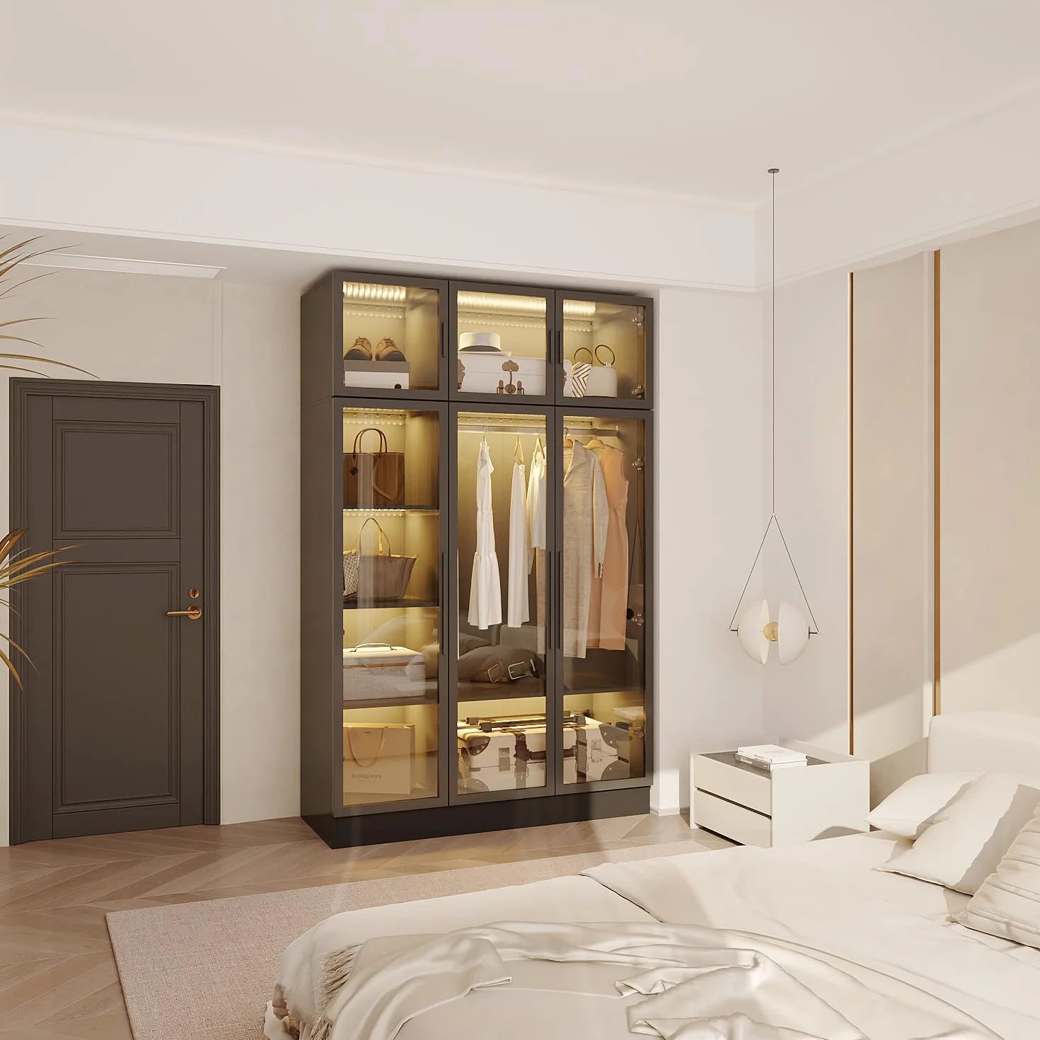 Armoire vitrée avec tringle à vêtements 190cm Vitrine avec 3 éclairages LED Armoire de rangement en verre trempé Vitrine en verre avec 6 portes 5 étagères cadre de porte en fer 120x48x190cm Noir