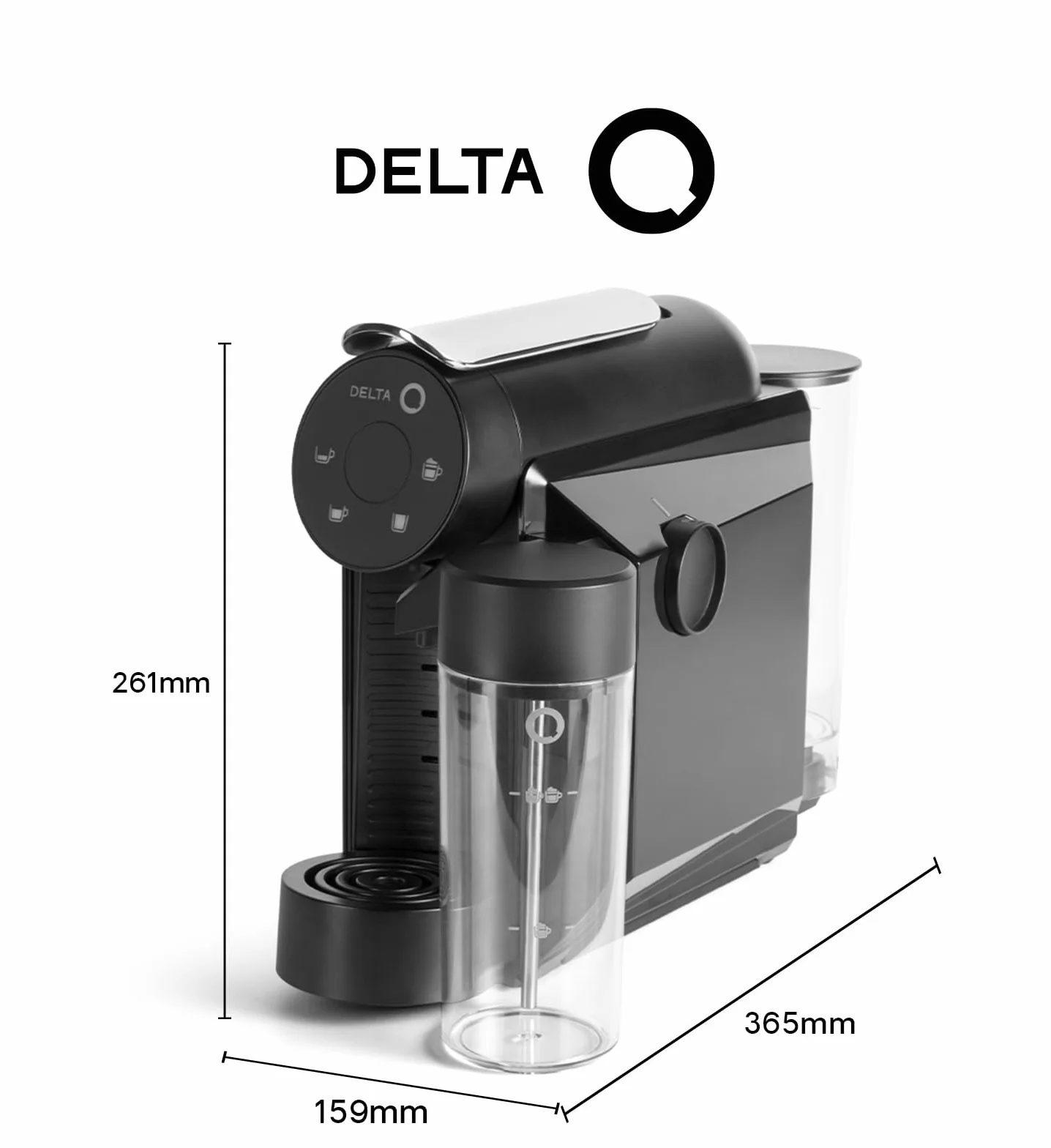 Delta Q Machine Mini MilkQool Noire, Réservoir à Lait, Inclus 90 Capsules | 20 Bars de Pression, Réservoir 0,6 L, Inclus 2 x 40 Capsules de Café Qalidus et 10 Caps Décaféinées