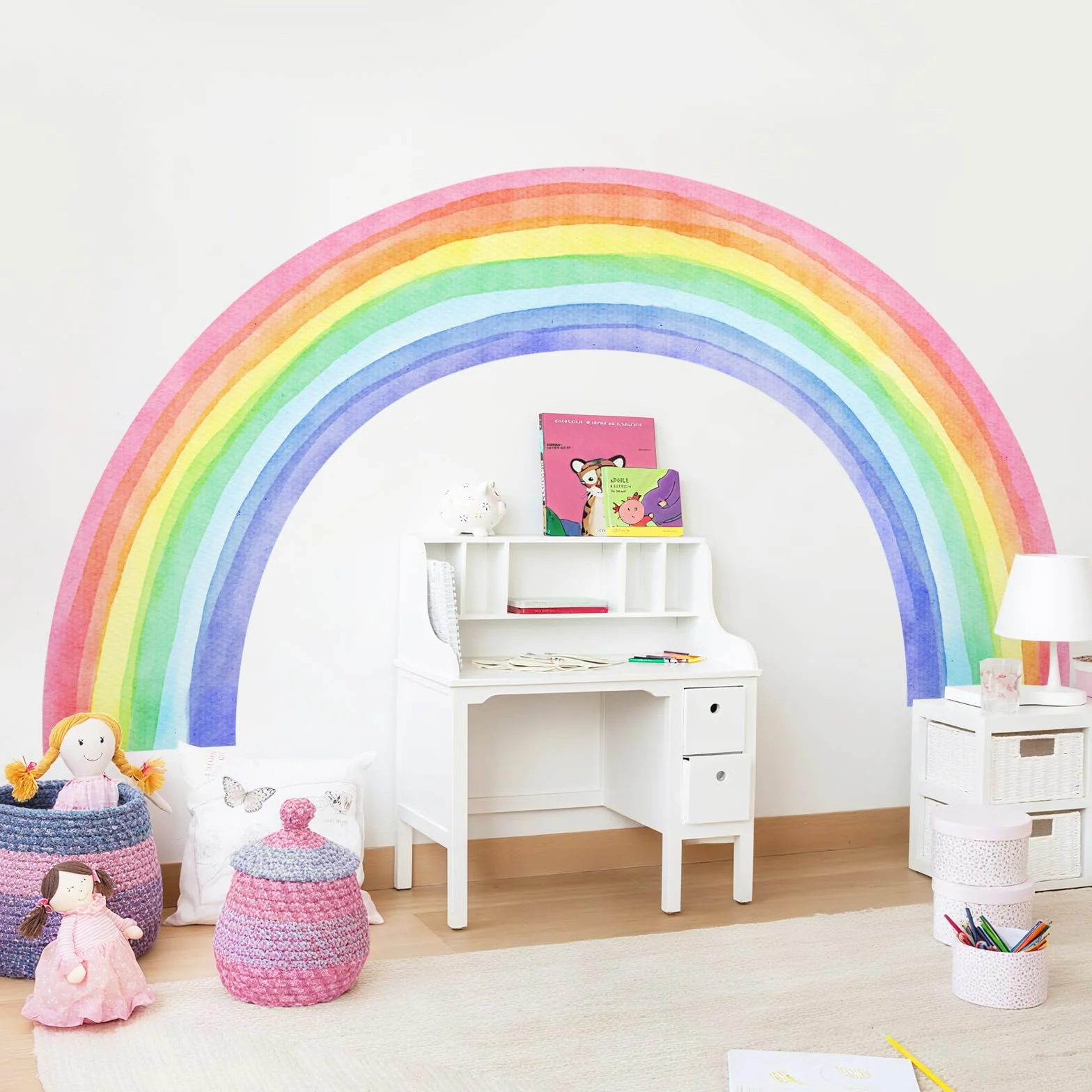 Autocollant Mural Arc en Ciel Aquarelle Grand Format 210x108cm Vinyle Deco Chambre Fille Nursery Salle de Jeux