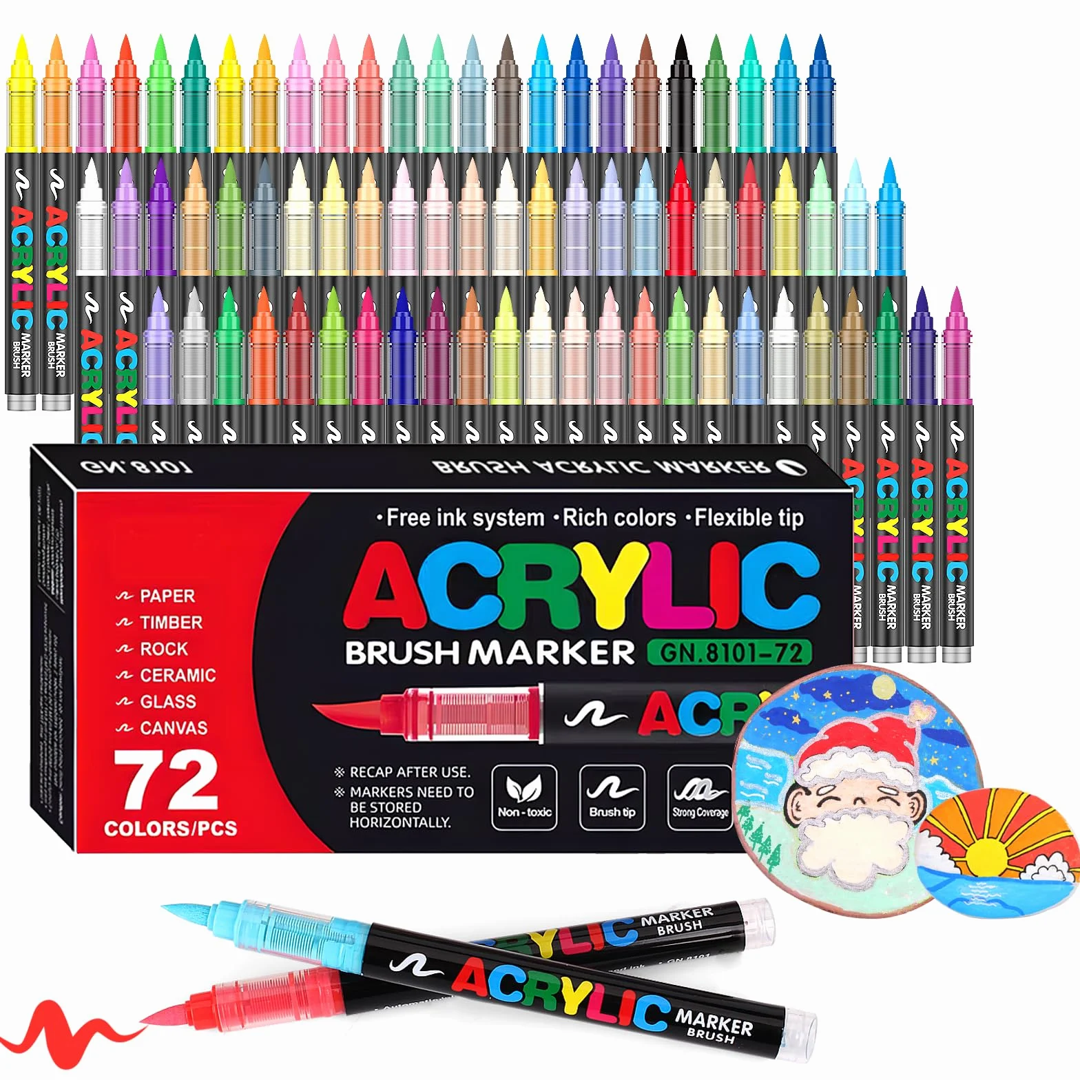 Laconile 72 Couleurs Feutre Acrylique, Stylos Acryliques à Pointe Pinceau pour le Coloriage Adulte ，Acrylic Paint Markers pour Coloriage, Calligraphie, Bois, Toile, Verre, Céramique