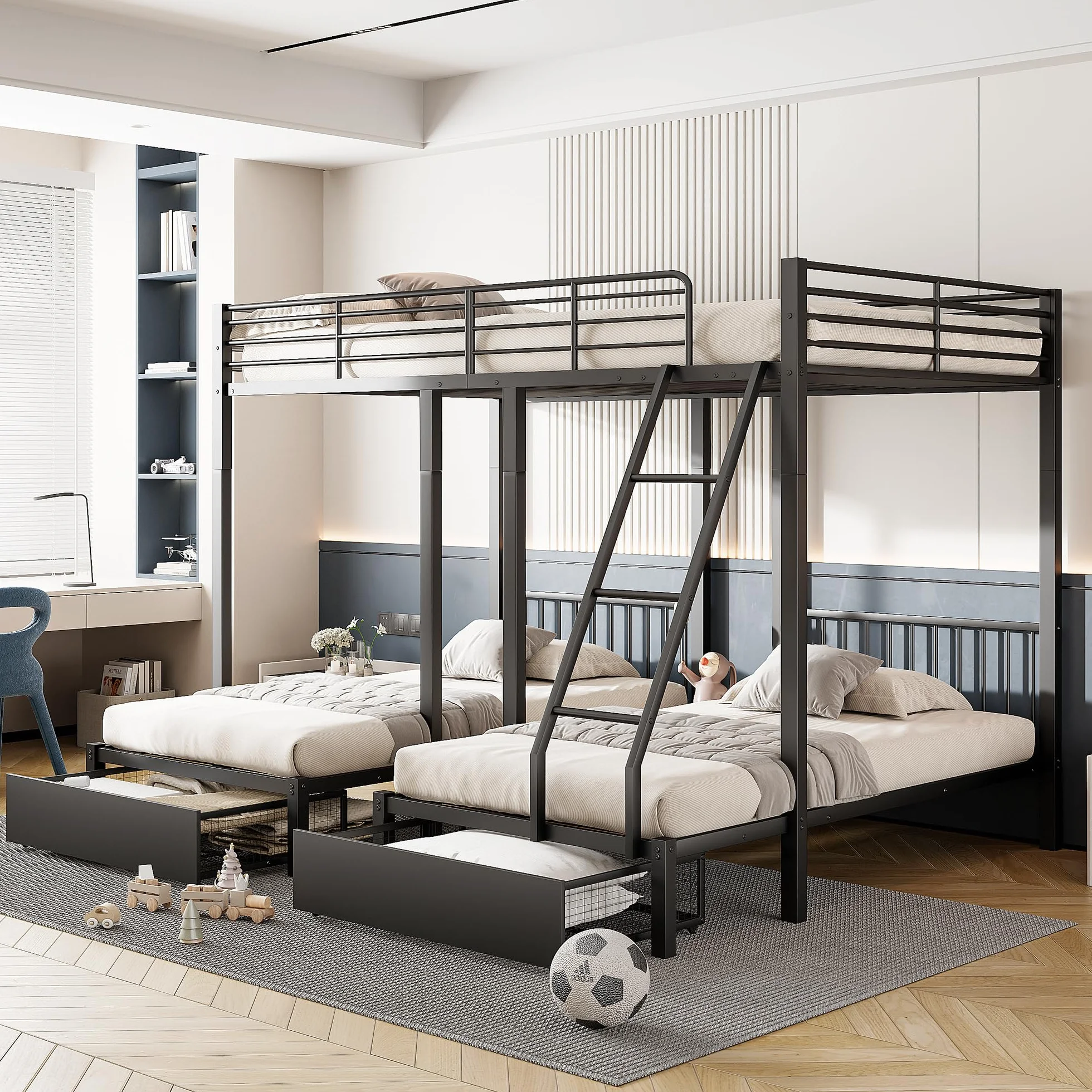 Sapgaks Lit superposé Triple avec tiroirs, lit Enfant,Convertible en Un lit Double 140 x 200 et Deux Lits Simples 90 x 200, lit Multifonctionnel avec Cadre métallique (Noir)