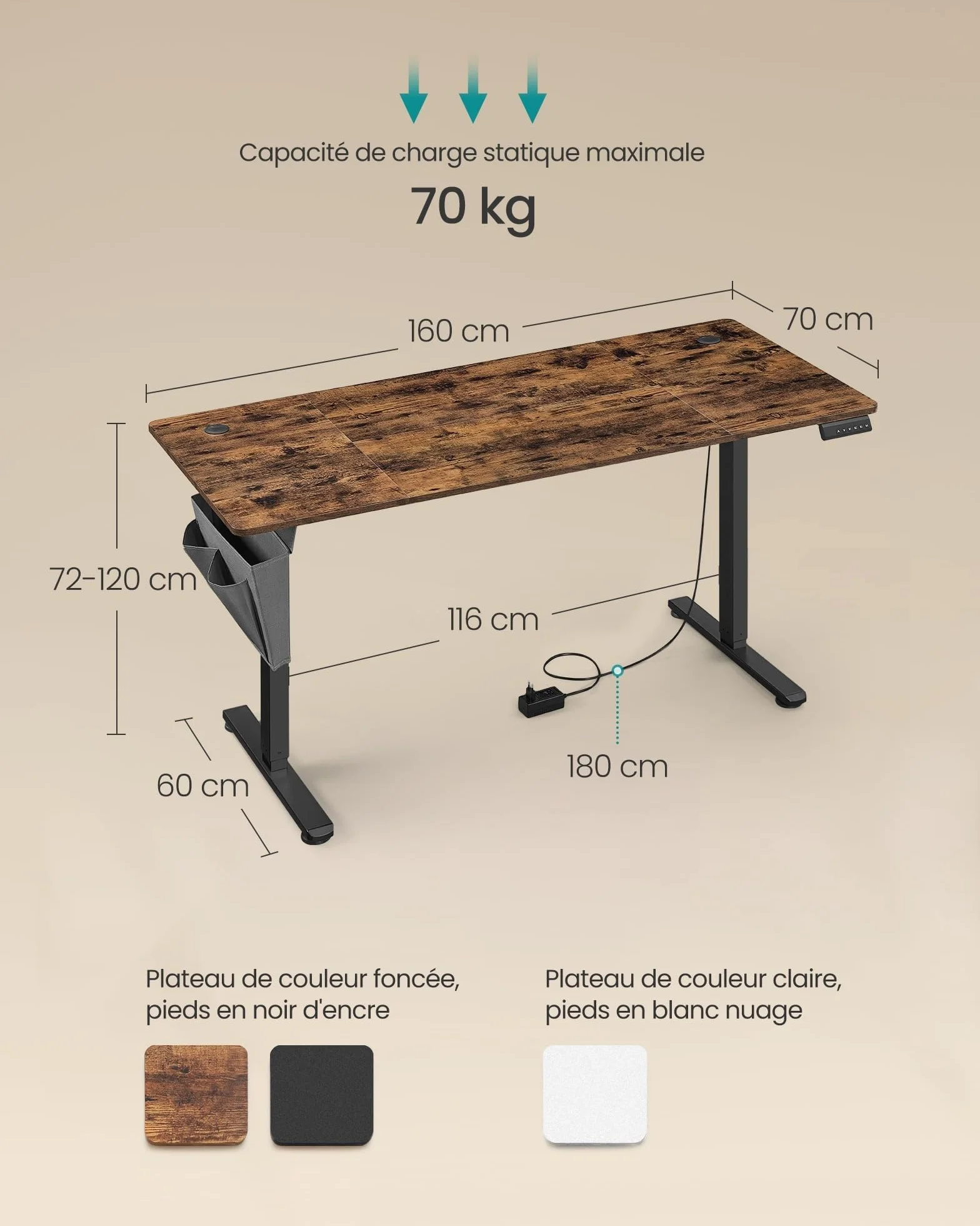 SONGMICS Bureau Électrique Réglable en Hauteur, 160 x 70 cm, Table Assis-Debout, Fonction Mémoire 4 Hauteurs, Marron Rustique et Noir