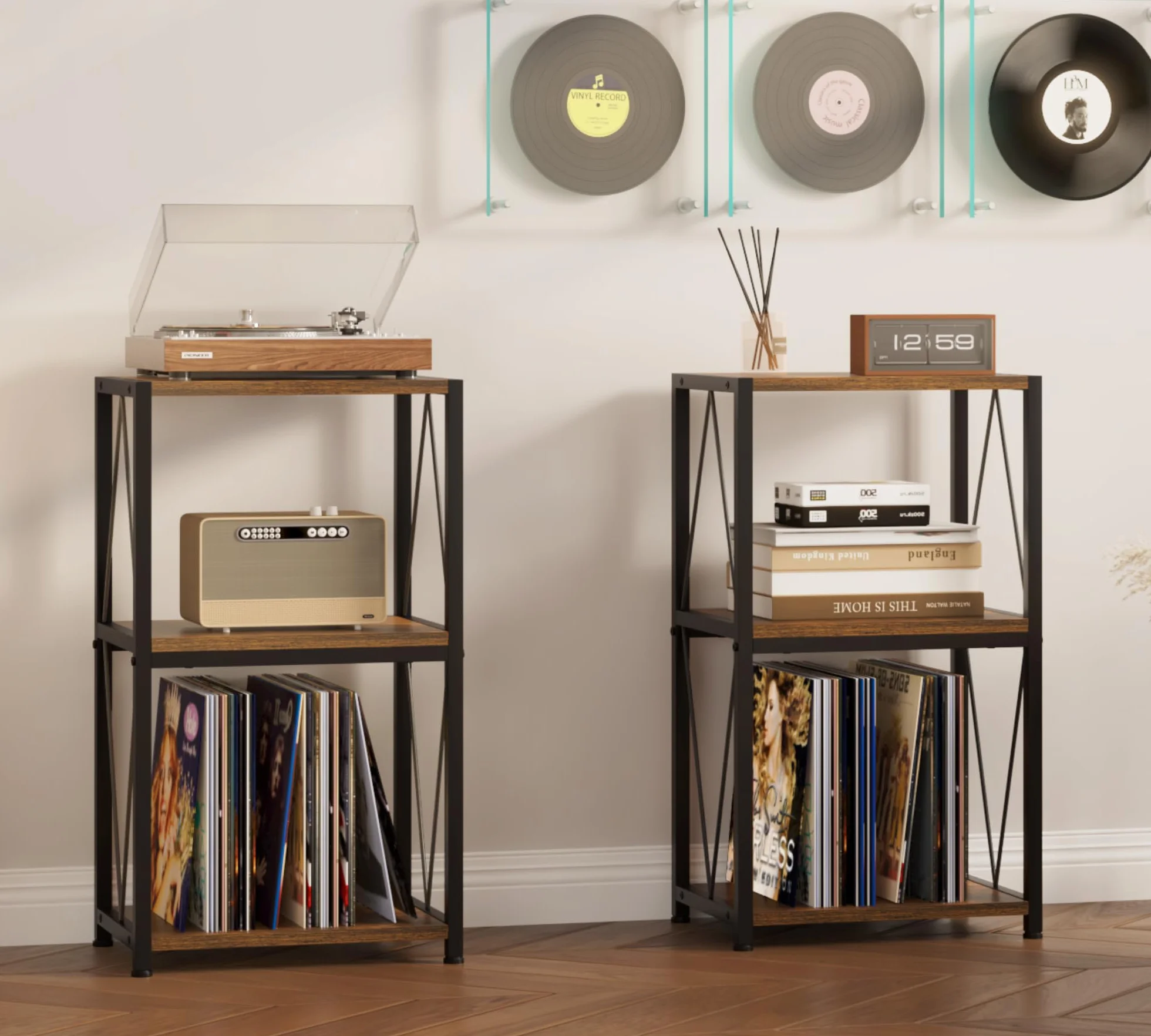 HFHOME Rangement pour disques vinyles à 3 niveaux, table d'appoint, meuble pour platine vinyle pour rangement et affichage de disques, support pour platine tournante dans le salon, la chambre, la
