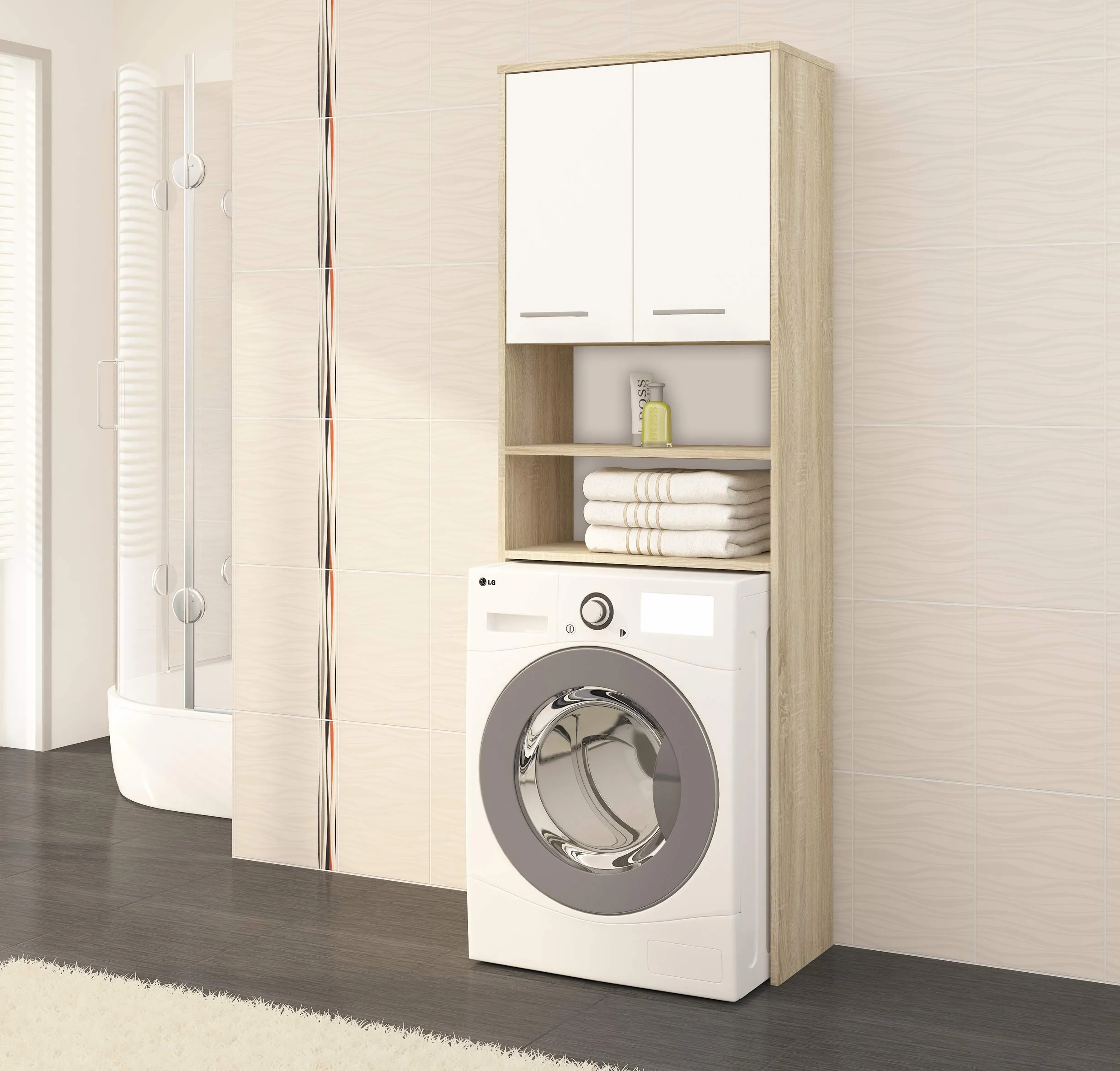 AKORD Meuble Buanderie Machine à Laver | L64 x H180 x P30 cm Poids 30 kg | Meuble pour Lave Linge avec Étagère 2 Portes 2 Casiers de Rangement Machine a Laver | Meubles de Salle de Bain
