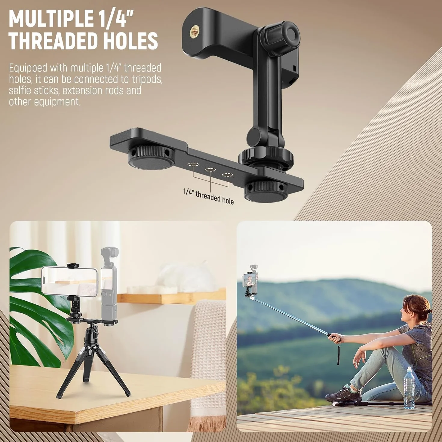 NEEWER Uchwyt na telefon kompatybilny z DJI Osmo Pocket 3, Pocket 3, akcesoria rozszerzające, uchwyt na telefon komórkowy z gwintem 1/4 cala do statywu i drążka przedłużającego, zimna stopka do mini