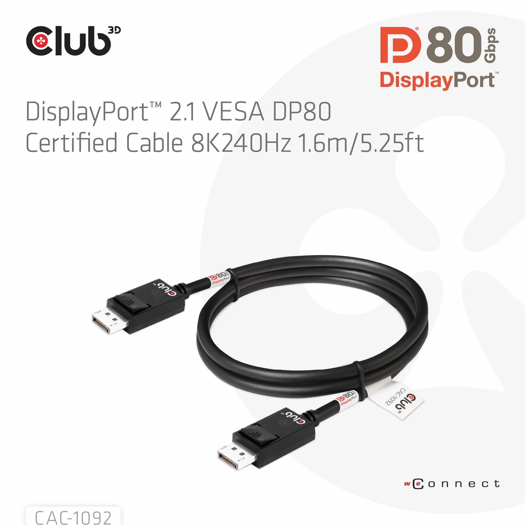 Club3D CAC-1092 DisplayPort™ 2.1 dwukierunkowy kabel VESA DP80 certyfikowany 4K240Hz, 8K60Hz lub 10K60Hz M/M 1,6 m