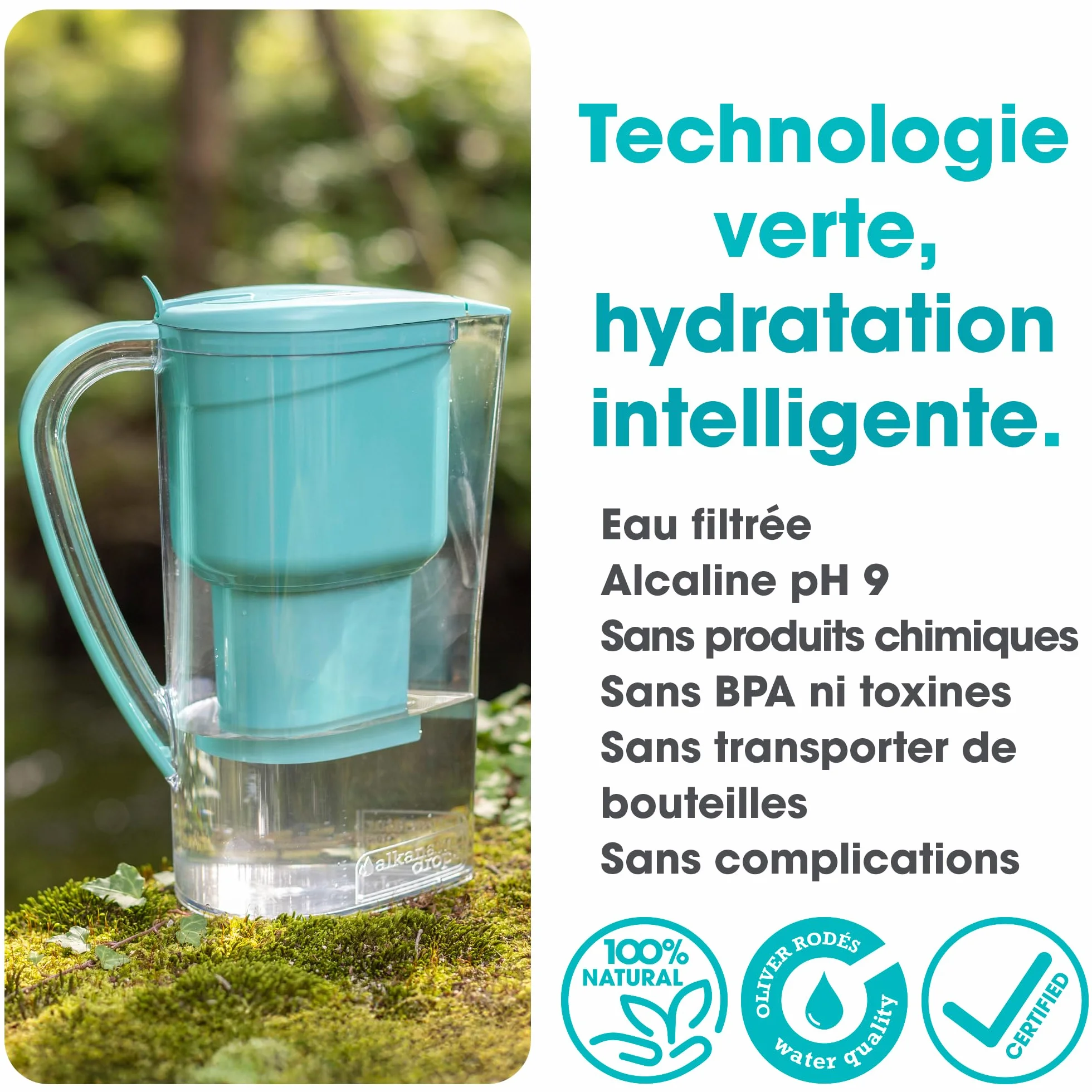 Carafe Filtrante Charbon Actif Eau Maison Alkanatur avec Filtre Zéolite Clinoptilolite Sans Resine Ajoute Magnesium Fabrication Europeenne pH 9 Capacité 1.4L Water Filter Jug Hydrogène Élimine Métaux