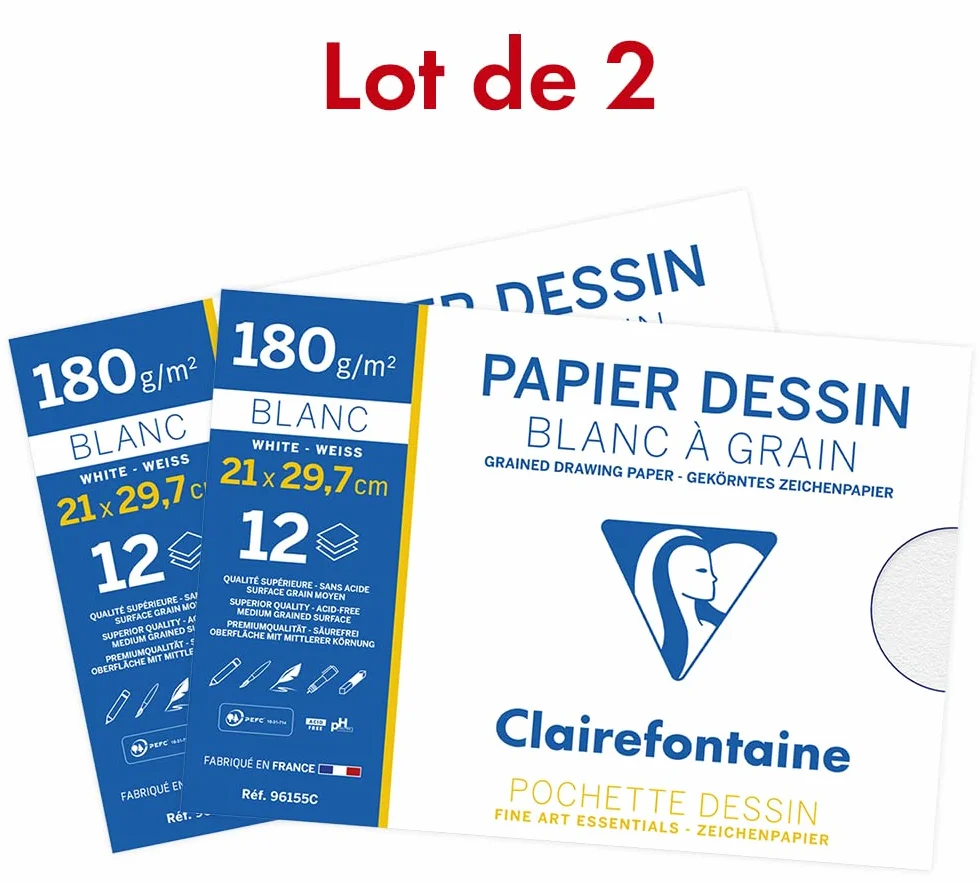 Clairefontaine Lot de 2 Pochette Dessin Scolaire 12 Feuilles Papier Dessin Blanc à Grain A4 21x29,7 cm 180g