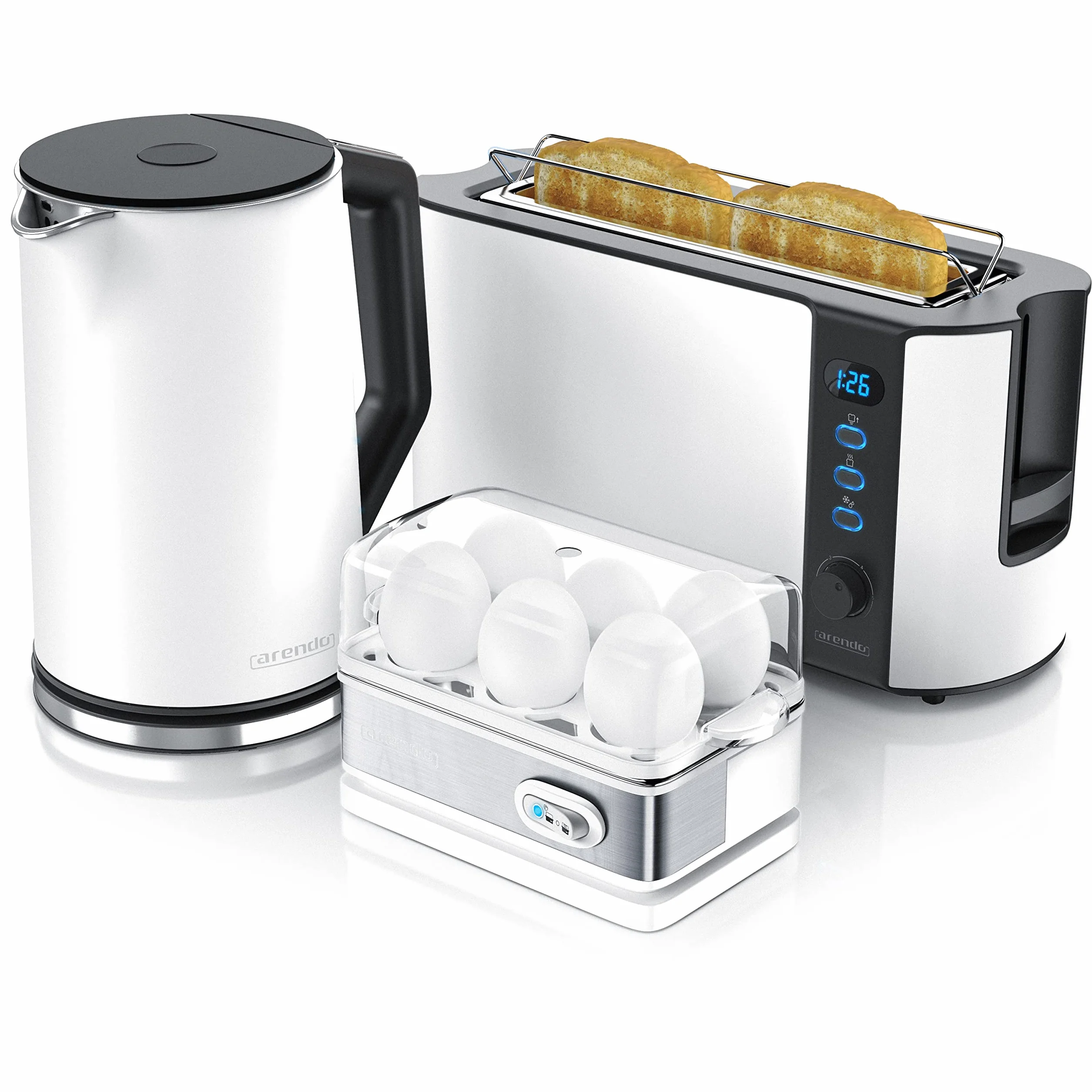 Arendo Ensembles Bouilloire et grille-pain et cuiseur à oeufs Bouilloire en inox 1,5L 40°-100°C, Toaster 2 Tranches Ecran LED 6 niveaux de brunissage Cuiseur à oeufs 1-6 oeufs, Verre doseur, Blanc