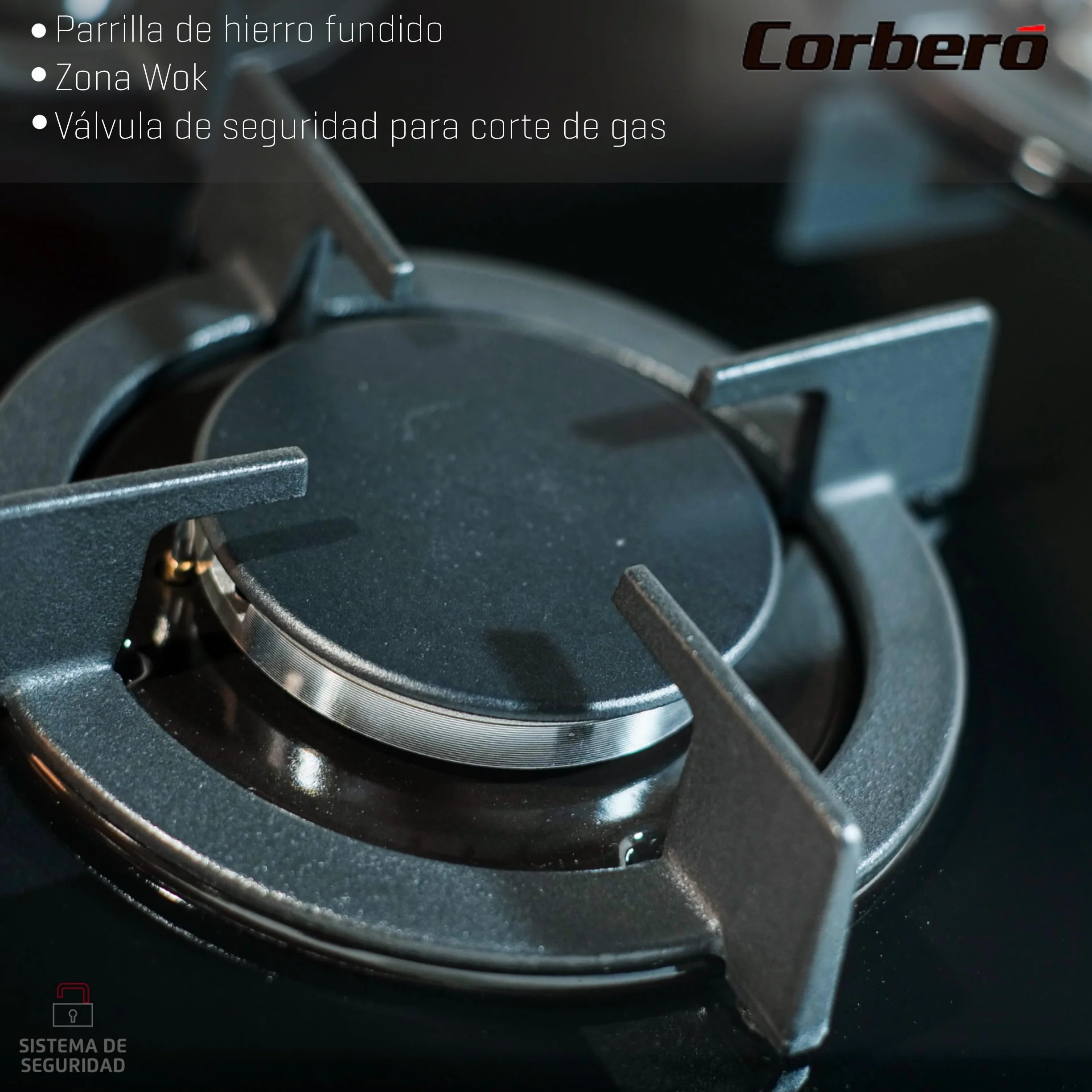 Corberó - Plaque en verre gaz butane CPCGY2303N | Puissance 7 kW | 3 feux | Zone Wok spéciale | Grille en fonte | Valve de sécurité | Arrêt automatique, noir, fonte