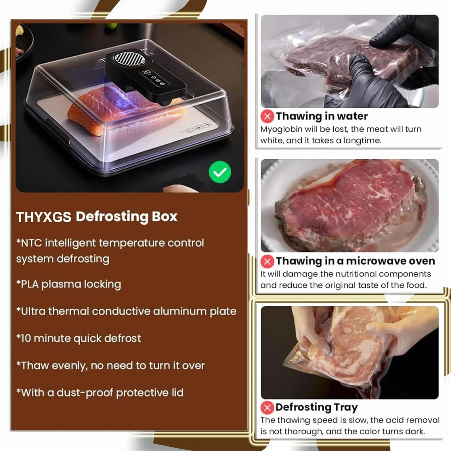 Planche de décongélation électrique – Plateau de décongélation de viande de 4,2 L – Décongélation rapide en 10 minutes – Rechargeable par USB, pas besoin d'eau pour la viande congelée, les fruits de
